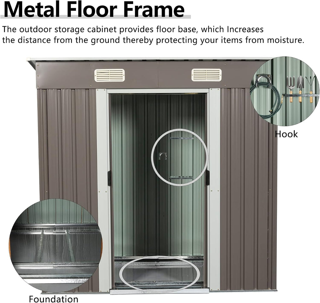 6.4ftX4ft Outdoor Storage Shed with Metal Foundation and Sliding Doors, Waterproof Tool Storage Shed for Patio Lawn Backyard (Gray-6.4ftx4ft)