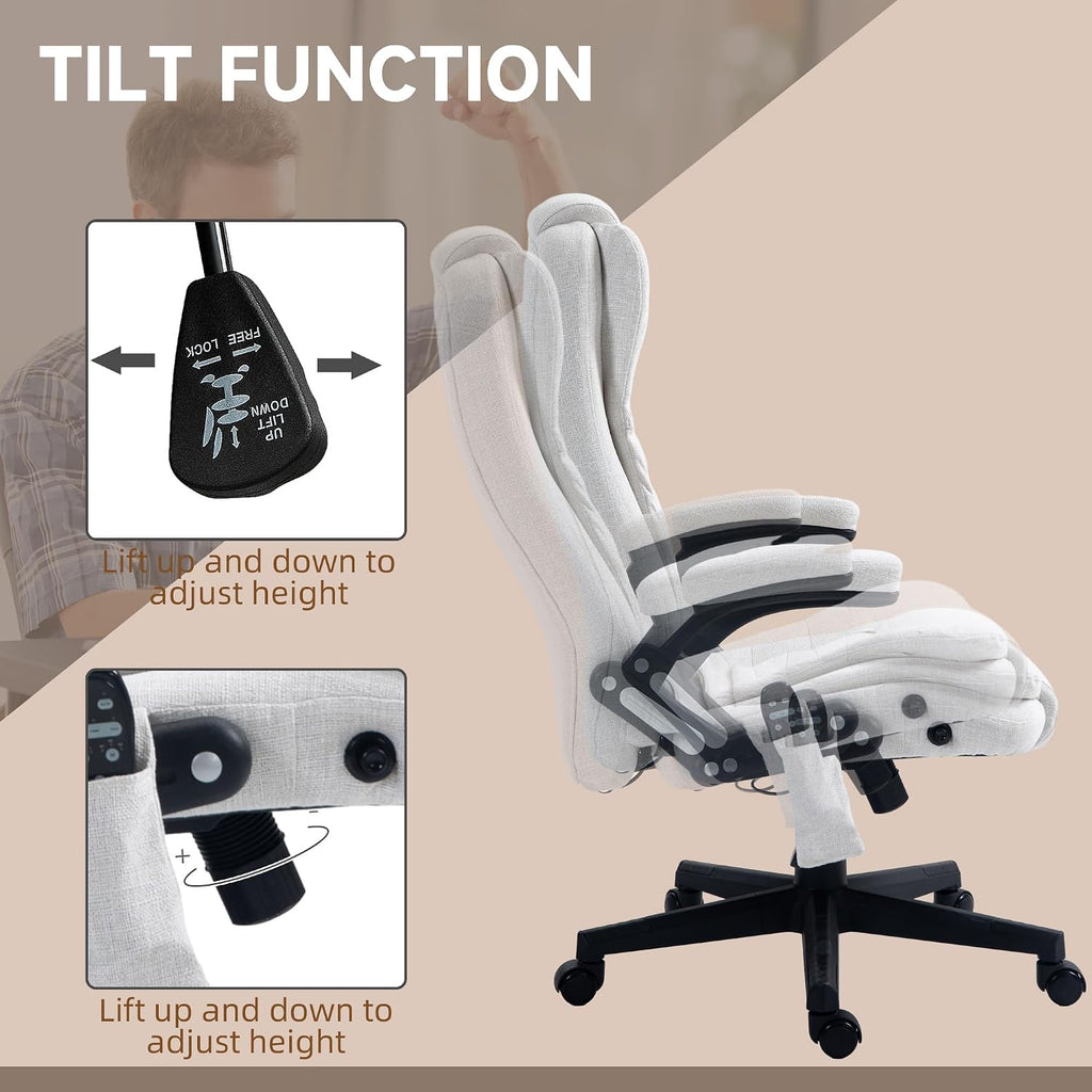 Vinsetto 6 Point Vibrating Massage Office Chair with Heat, Linen High Back Executive Office Chair with Reclining Backrest, Padded Armrests and Remote, Cream White