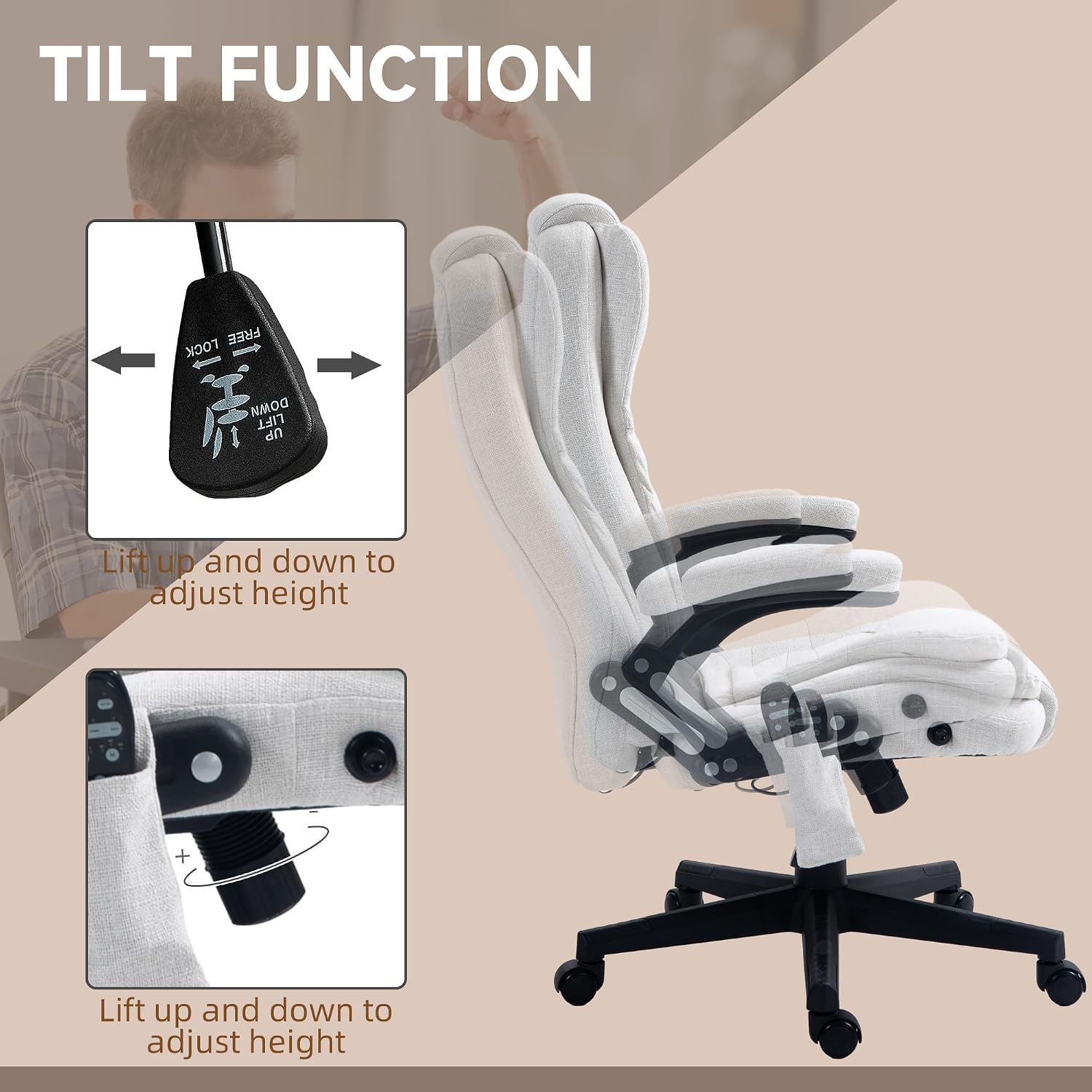 Vinsetto 6 Point Vibrating Massage Office Chair with Heat, Linen High Back Executive Office Chair with Reclining Backrest, Padded Armrests and Remote, Cream White