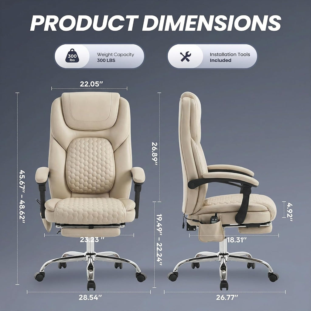 MALOL Massage Office Chair Set of 2 with Heat and Footrest - 3-Level 65°C Targeted Heating, 20-Min Assembly Leather Desk Chair, Big and Tall Executive Computer Chair with Side Pocket, 300 lbs, Beige