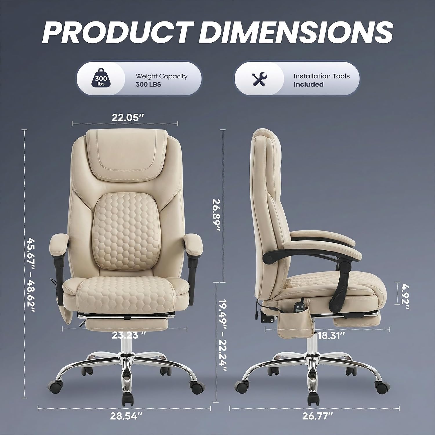 MALOL Massage Office Chair Set of 2 with Heat and Footrest - 3-Level 65°C Targeted Heating, 20-Min Assembly Leather Desk Chair, Big and Tall Executive Computer Chair with Side Pocket, 300 lbs, Beige