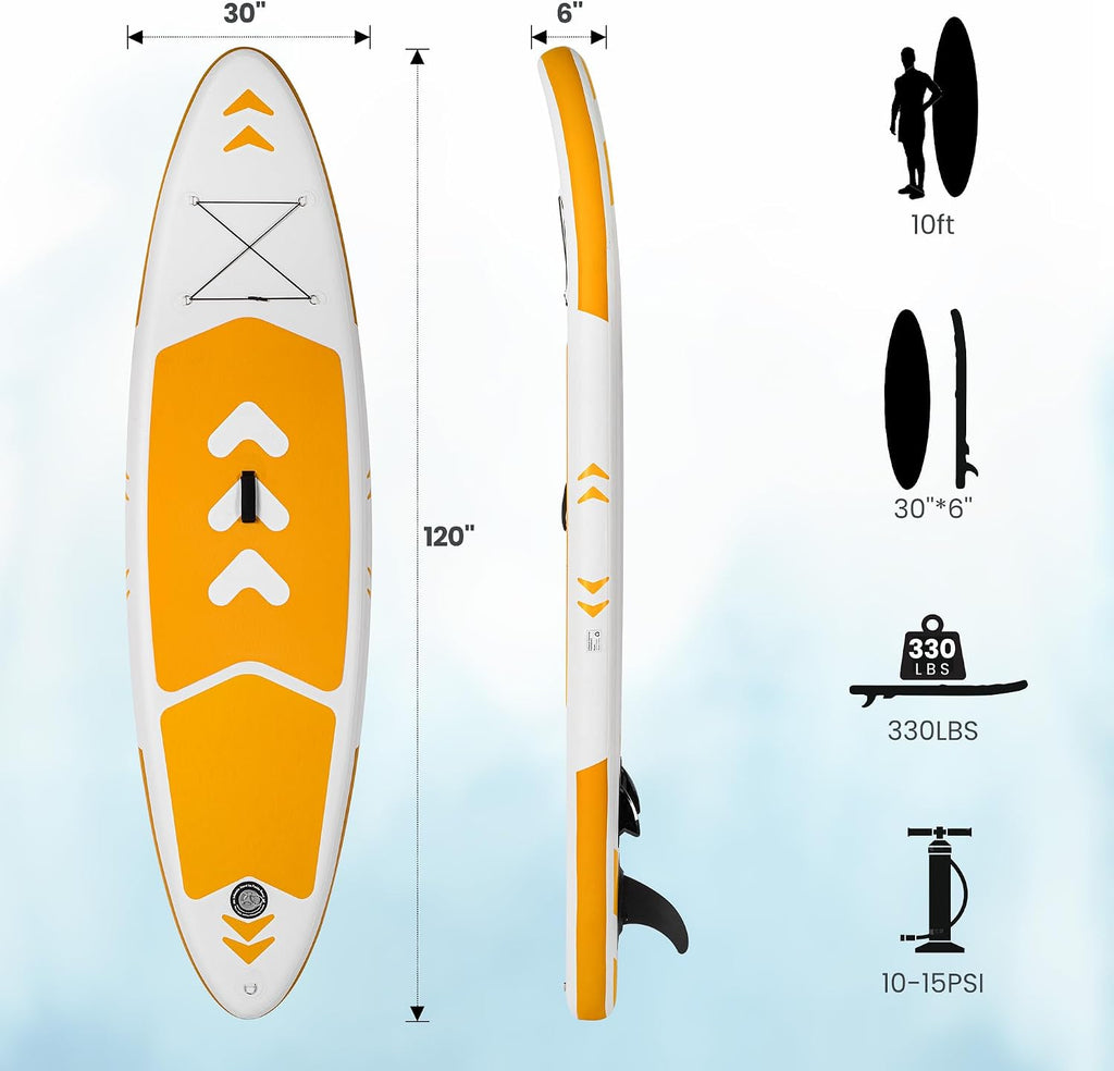 Paddle Board Inflatable120''x30'' Stand Up Paddle Board with SUP Board Accessories, Non-Slip Deck, Adjustable Paddle, Pump, Backpack & Leash for All Skill Level,Orange