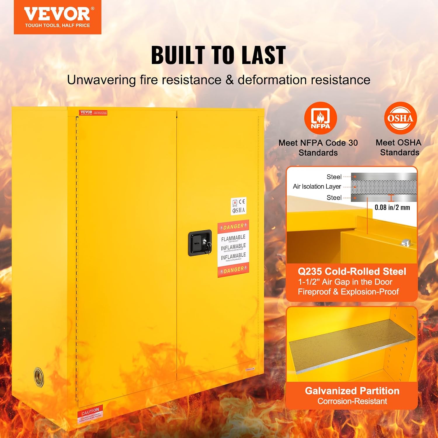 VEVOR Flammable Safety Cabinet 43.1 x 18.1 x 50.1, Cold-Rolled Steel Flammable Liquid Storage Cabinet 34 Gal with 2 Adjustable Shelves/2 Manual Closing Doors for Industrial Use, Yellow
