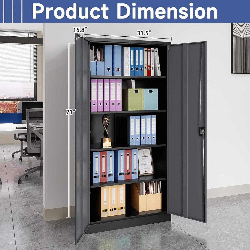 Metal Storage Cabinet with 2 Doors and 4 Adjustable Shelves, 71' Steel Garage Storage Cabinet, Locking Tool Cabinets for Office, Home,School,Kitchen,Garage Tool Utility Cabinet Black Grey