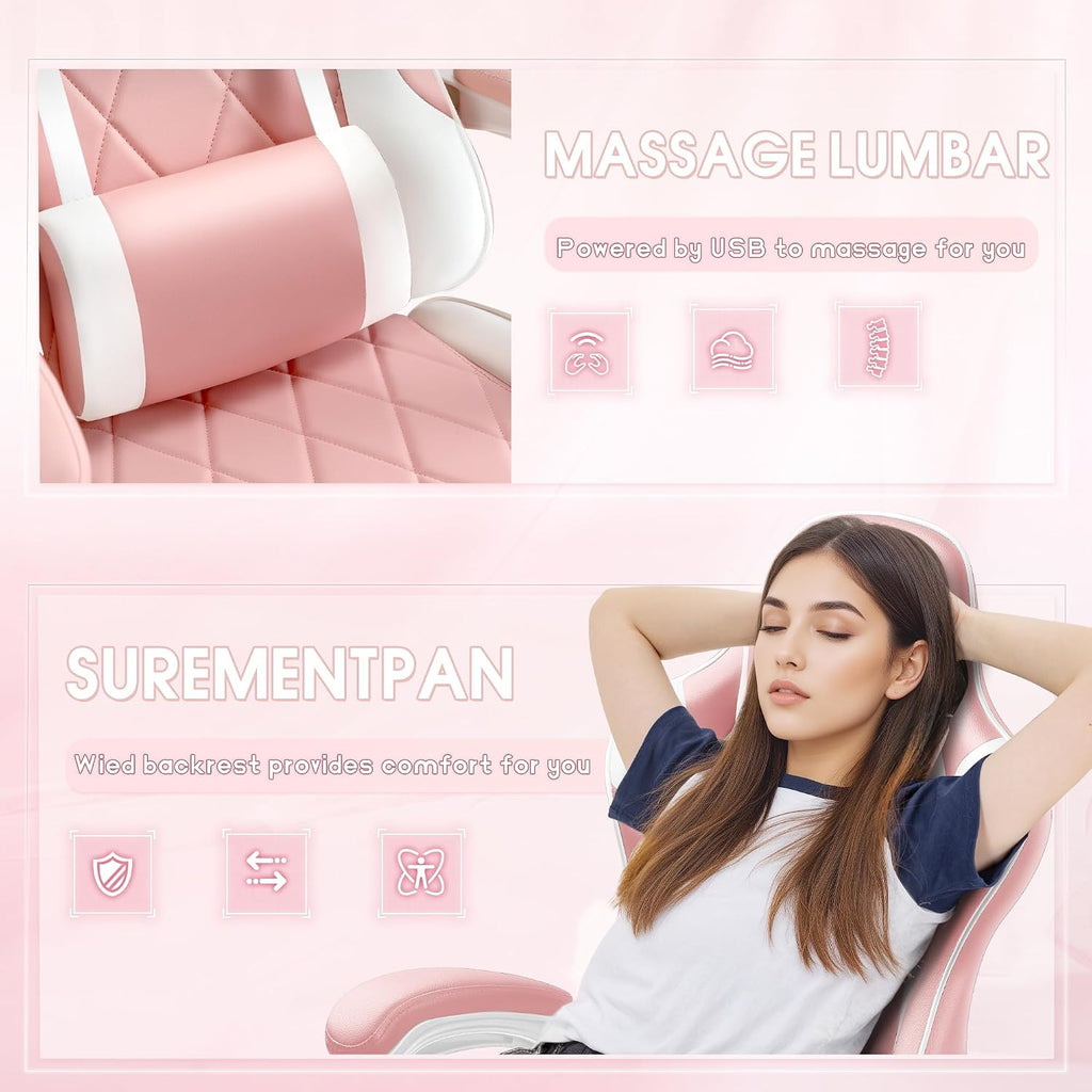 Shahoo Gaming Chair with Footrest and Massage Lumbar Support, Ergonomic Computer Seat Height Adjustable with 360°Swivel and Headrest, Pink1