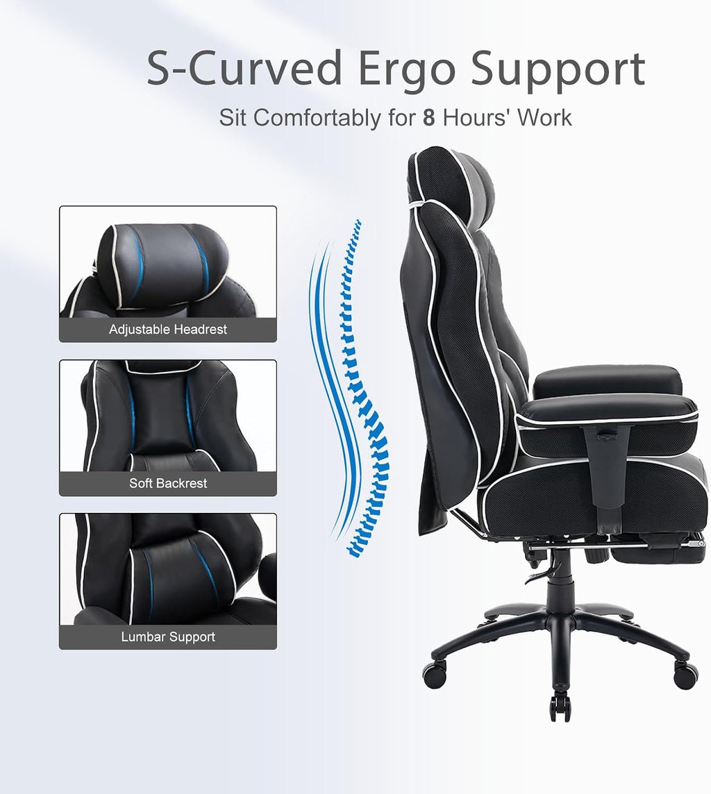 DJWang Big and Tall Office Chair with Foot Rest, High Back Executive Office Chair, PU Leather Ergonomic Chair with Lumbar Support, 135 Reclining Chair with Thickened Spring Cushion, Black