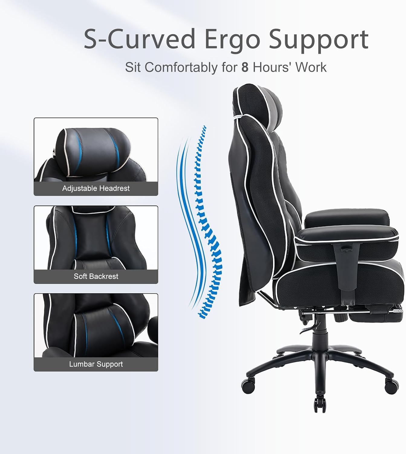DJWang Big and Tall Office Chair with Foot Rest, High Back Executive Office Chair, PU Leather Ergonomic Chair with Lumbar Support, 135 Reclining Chair with Thickened Spring Cushion, Black