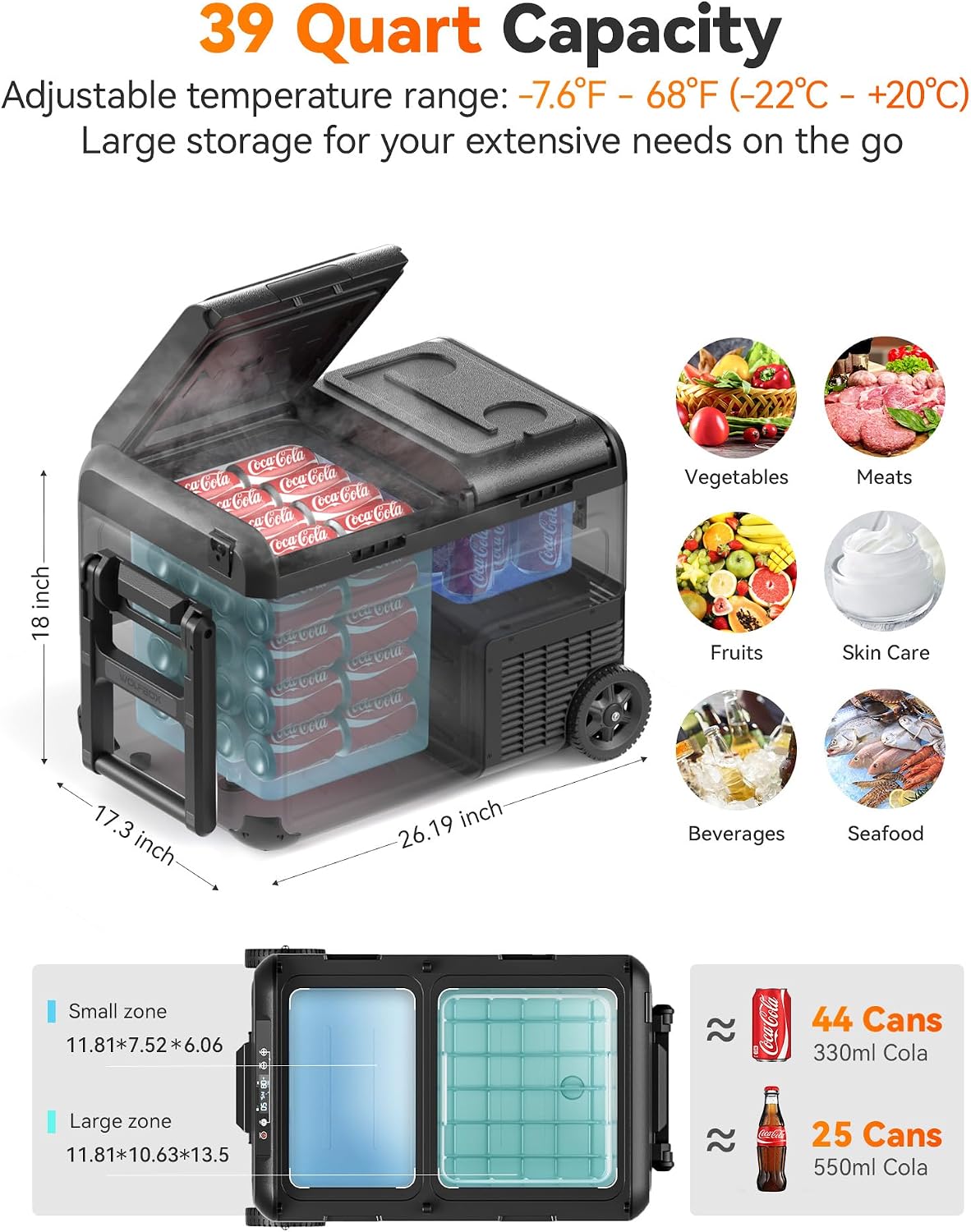 WOLFBOX 12V Car Refrigerator, 39 Quart Dual Zone Car Fridge, Portable Freezer(-8℉~68℉) with 12/24V DC 100/240V AC, APP Control Electric Cooler for Car, RV, Camping, Travel and Home Use