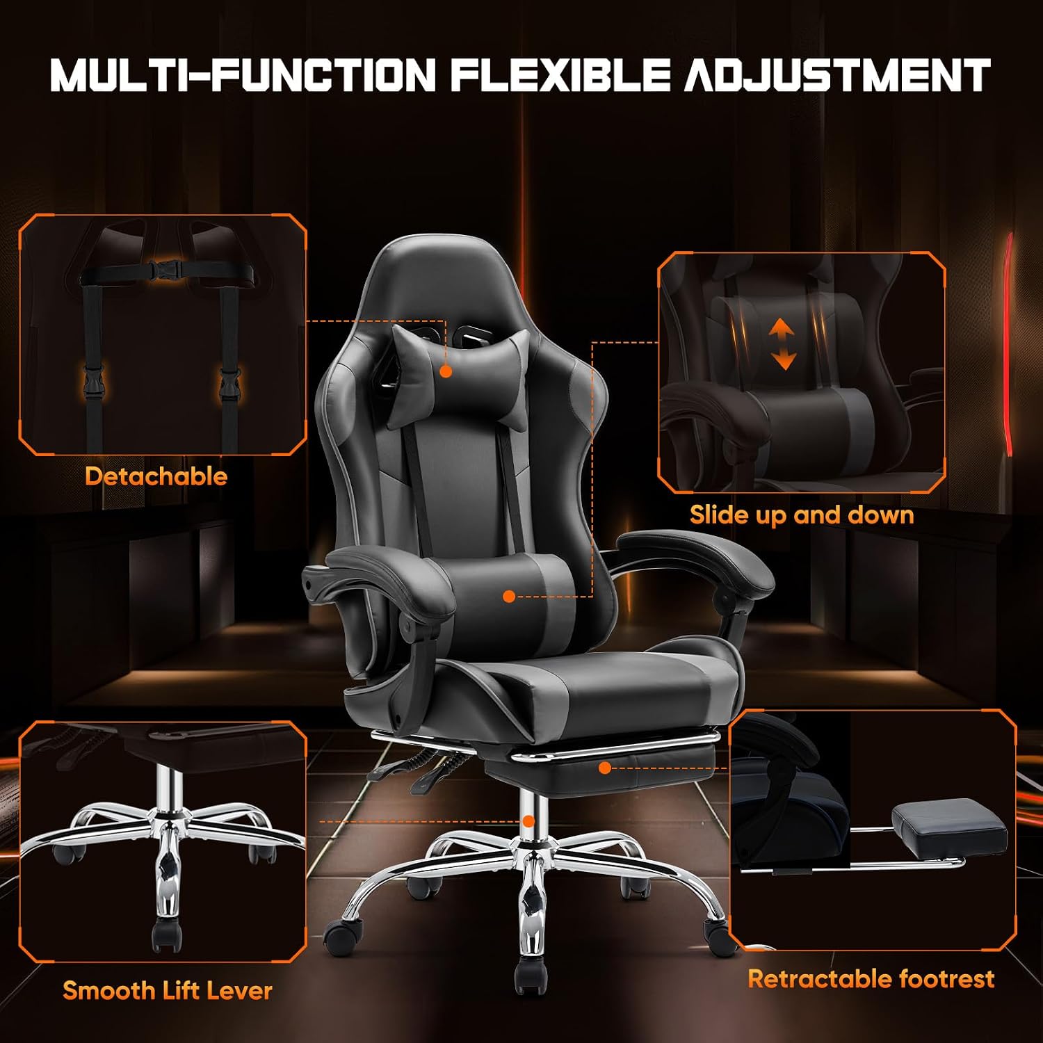 Sweetcrispy Computer Gaming Chair with Footrest, Ergonomic High Back PU Leather Video Racing Chair with Adjustable Headrest & Linkage Armrest, for Office and Home, Adults, Grey