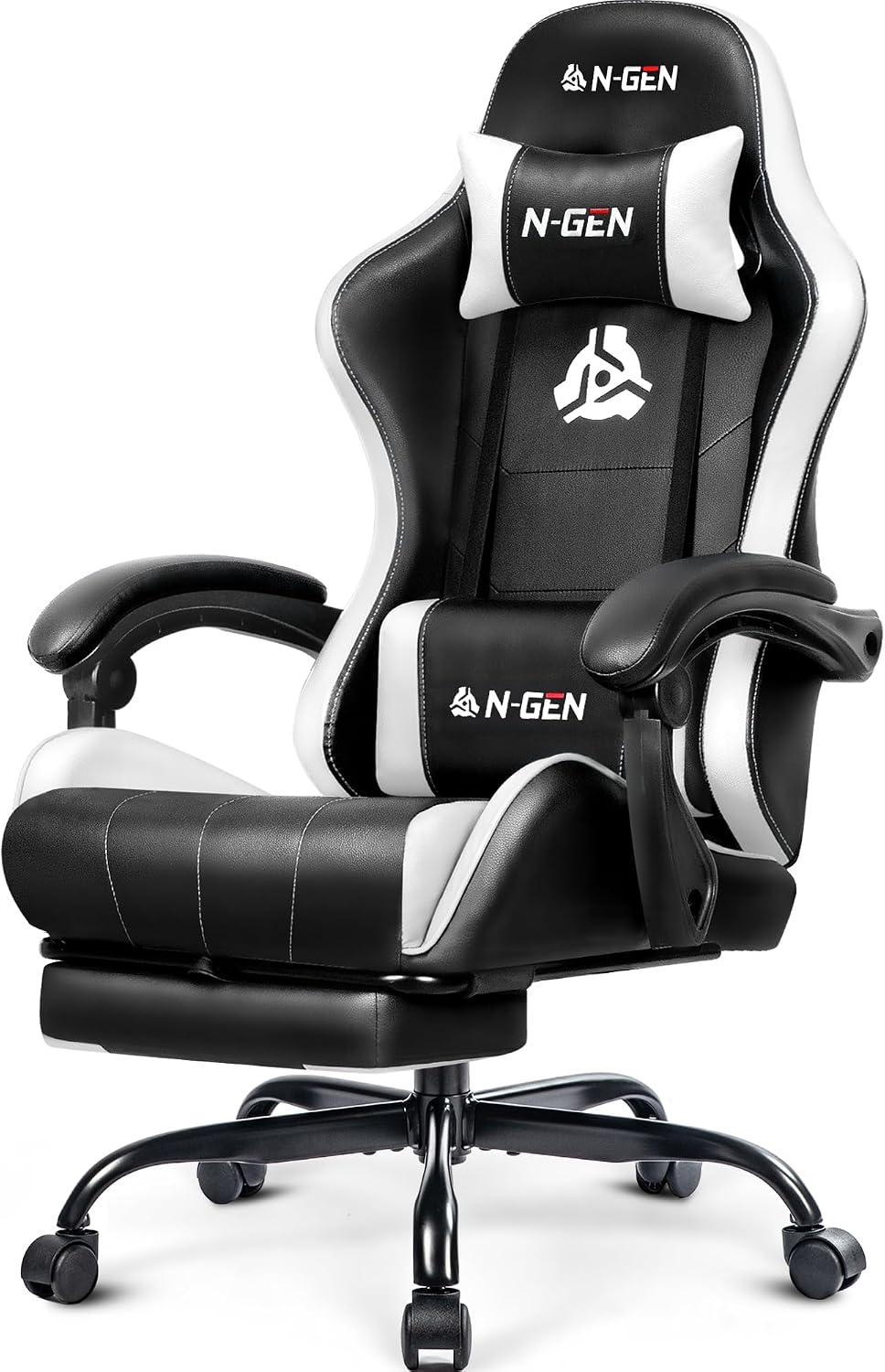 N-GEN GAMING Video Gaming Chair with Footrest Lumbar Support for Home Office High Back Recliner Height Adjustable Ergonomic Comfy Leather Computer Desk Chair (Leather White)