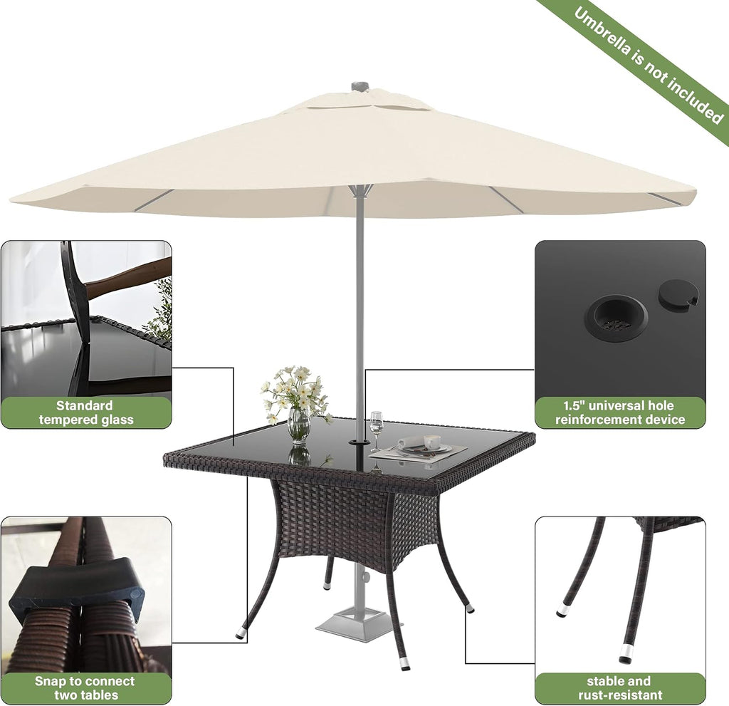 ALAULM 5 Piece Patio Dining Set All-Weather Wicker Outdoor Furniture Set w/Tempered Glass Tabletop, Removable Cushions and Umbrella Hole for Patio, Backyard, Garden, Poolside（Grey）
