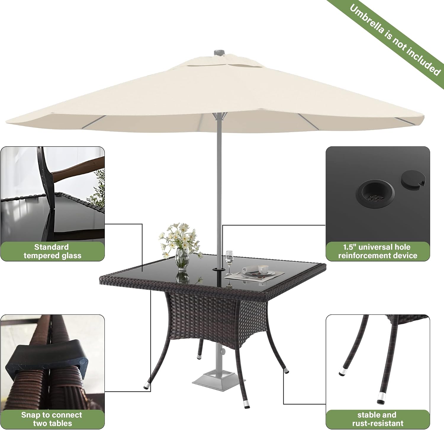 ALAULM 10 Piece Patio Dining Set All-Weather Wicker Outdoor Patio Furniture Set w/Tempered Glass Tabletop, Removable Cushions and Umbrella Hole for Patio, Backyard, Garden, Poolside (Grey)