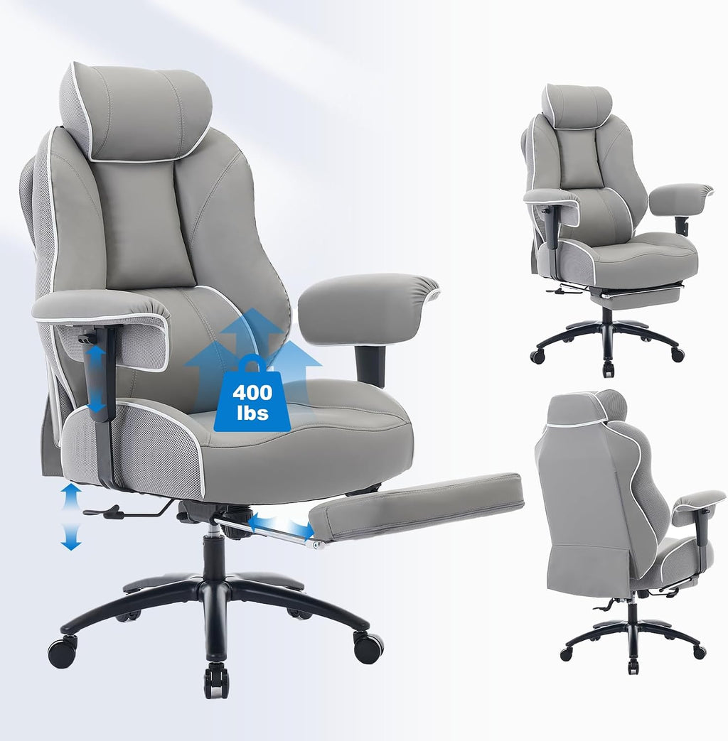 DJ·Wang Big and Tall Office Chair with Foot Rest, High Back Executive Office Chair PU Leather, Ergonomic Chairs with Lumbar Support, 135° Reclining Chairs with Thickened Spring Cushion Gray