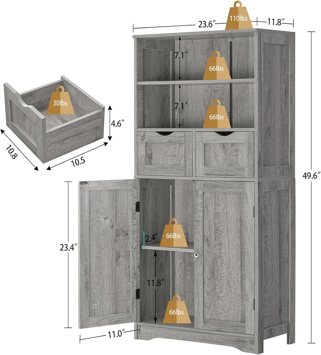 Iwell Storage Cabinet with 2 Drawers & Adjustable Shelf, Tall Bathroom Cabinet with Doors, Cupboard, Kitchen Cabinets for Living Room, Dining Room, Entryway, Grey