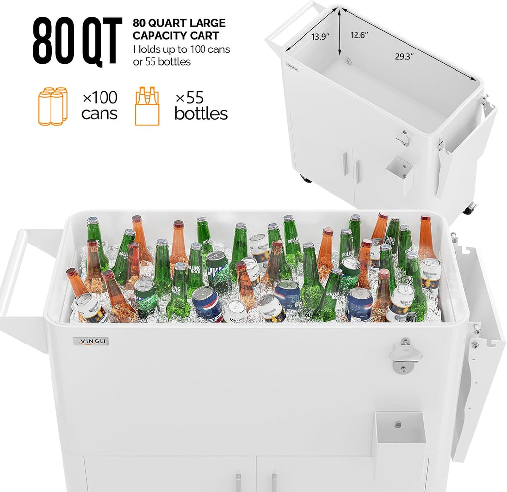 VINGLI Patio Cooler, Ice Chest with Storage Cabinet, Bottle Opener Drainage, Outdoor Cooler for Party, Deck, Pool