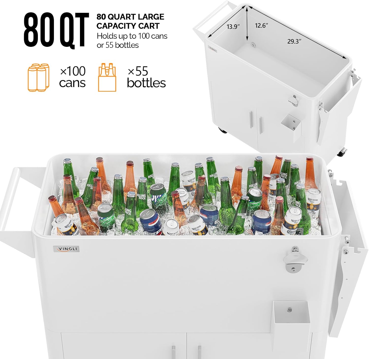 VINGLI Patio Cooler, Ice Chest with Storage Cabinet, Bottle Opener Drainage, Outdoor Cooler for Party, Deck, Pool