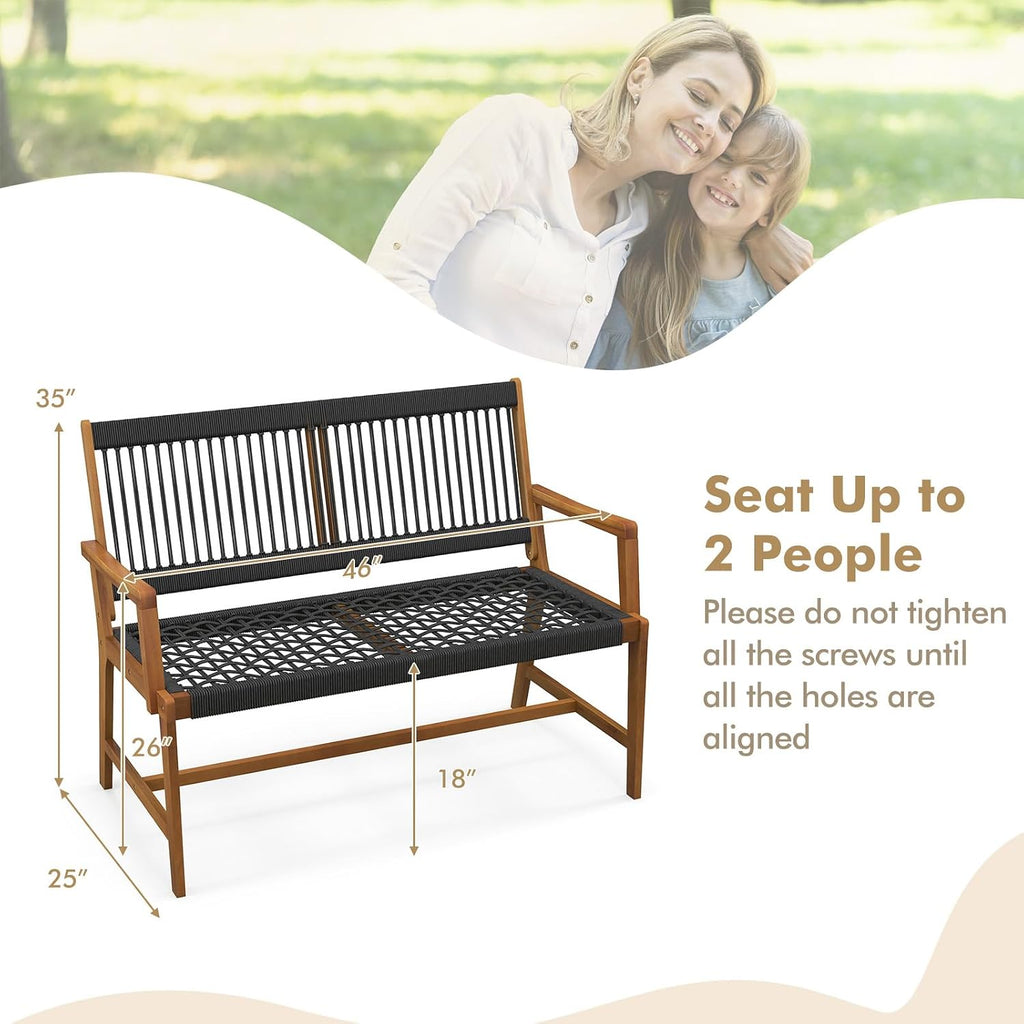 Tangkula Outdoor Acacia Wood Bench, All-Weather Rope Woven Garden Bench with Backrest and Armrests, 2-Person Patio Bench for Porch, Backyard, 705 Lbs Max Load