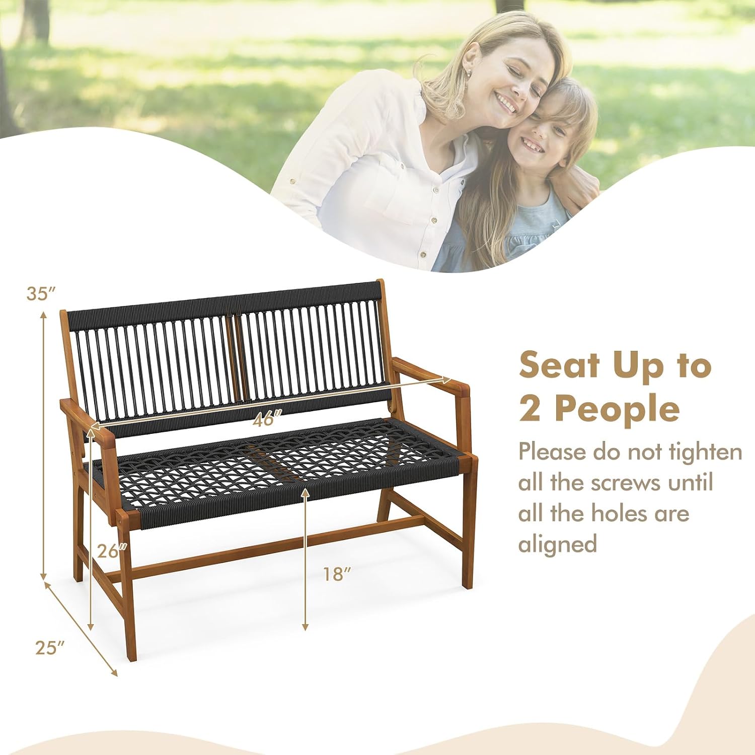 Tangkula Outdoor Acacia Wood Bench, All-Weather Rope Woven Garden Bench with Backrest and Armrests, 2-Person Patio Bench for Porch, Backyard, 705 Lbs Max Load