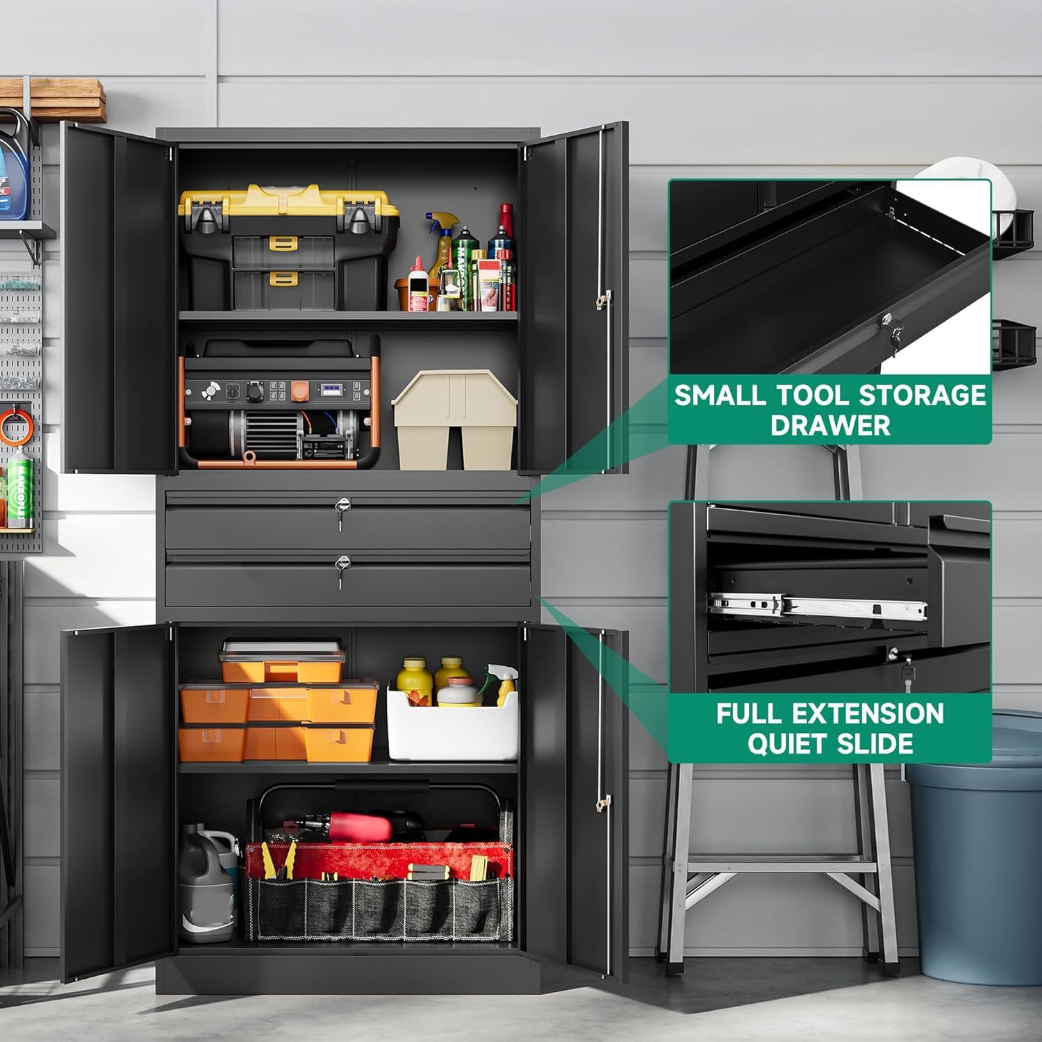 Letaya Metal Garage Storage Cabinet,71' Heavy Duty Steel Tool Cabinet with 4 Door Lock-Adjustable Shelves and 2 Drawer for Garage Home Office Utility Room (Black)