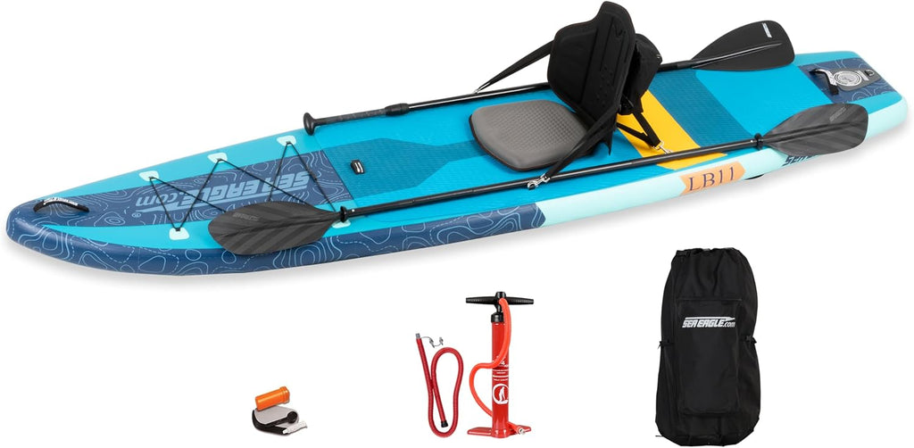 Sea Eagle Newly Re-Designed Longboard LB11 Inflatable Stand Up/Sit Down 11' iSUP Paddleboard - Beginners/Experts, Flat Water/Surf- Sit, Stand, Surf, Fish, Tour or do Yoga