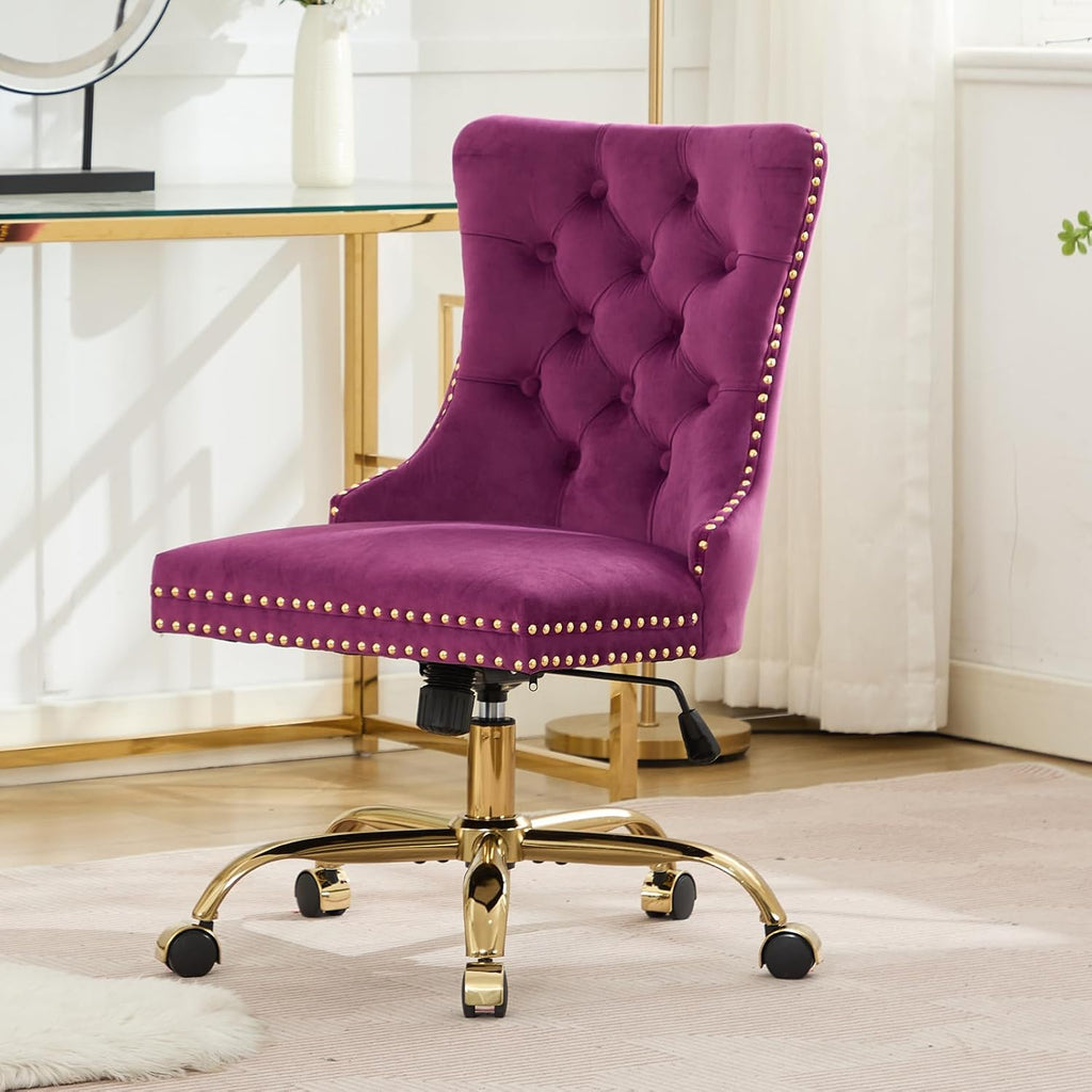 Purple Velvet Home Office Chair with Wheels & Gold Base, Cute Makeup Vanity Chair with Tufted Back for Bedroom, Upholstered Adjustable Swivel Comfy Desk Chair for Girls Women, Purple
