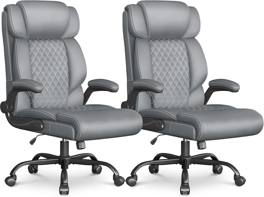 Office Chair-Executive High Back Breathable Comfy Desk Chair with Flip-up Armrests Lumbar Support-Ergonomic Leather Rolling Swivel Chair with Rock Function for Working,2 Pack