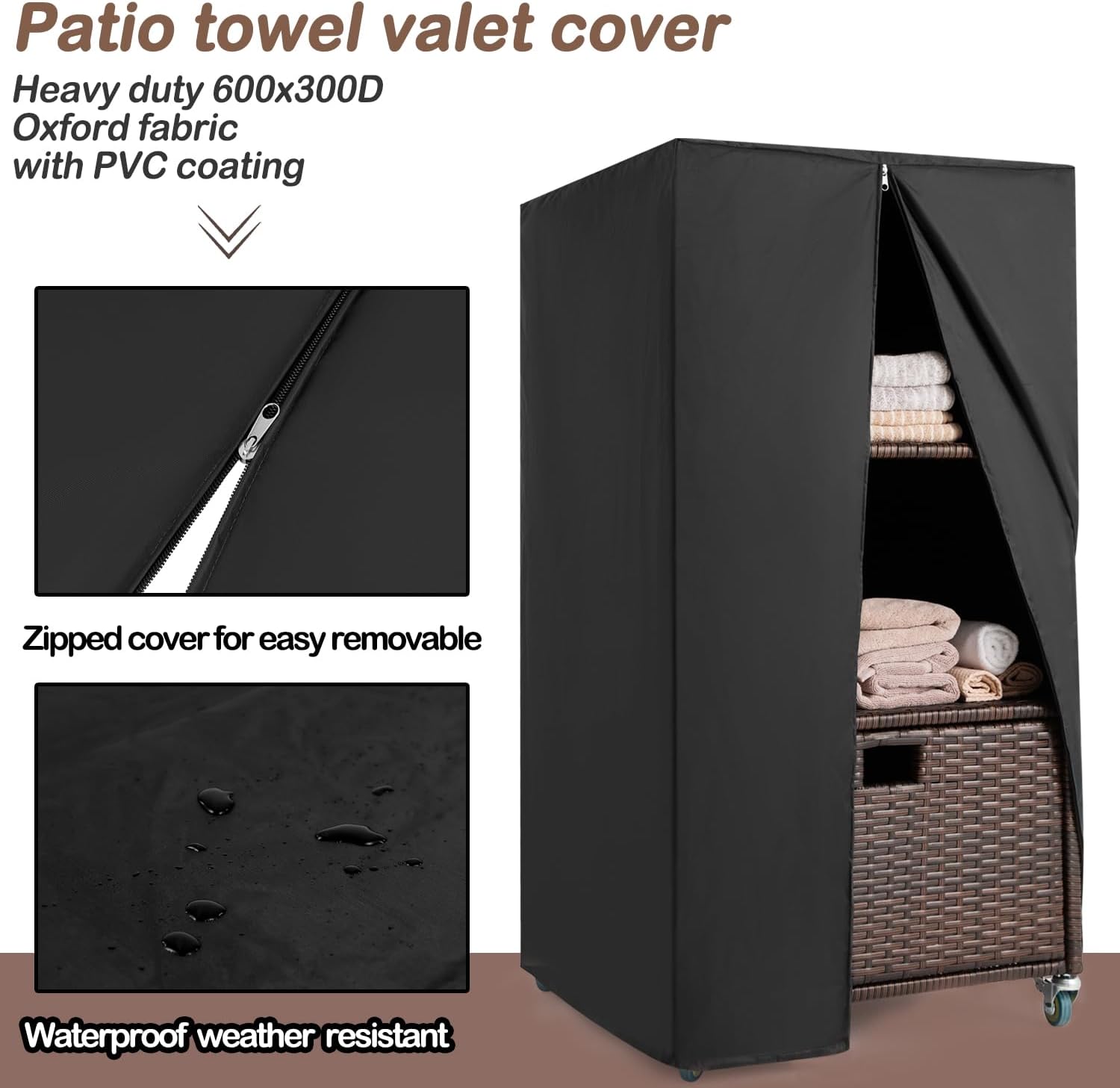 Outdoor Towel Rack for Pool Outdoor Pool Towel Storage Cabinet with Shelf & Drawer Poolside Towels Valet Caddy with Rolling Wheels Wicker Poolside Towels Holder with Cover for Hot Tub Espresso