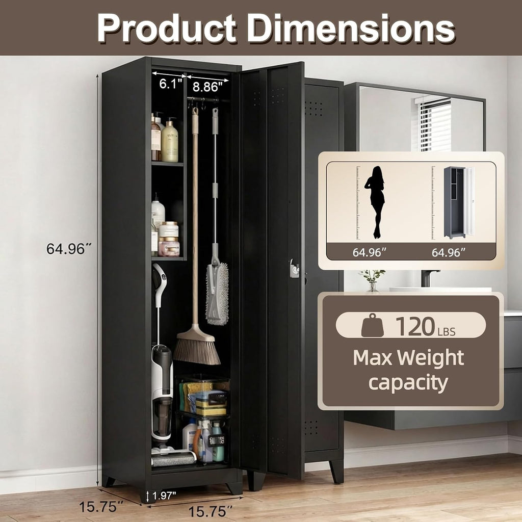 Slim Broom Closet Storage Cabinet, Black Metal Cabinets with Lock and & S-Hooks, Cleaning Supply Cabinet, Utility Closet Cabinets for Garage, Office, Gym
