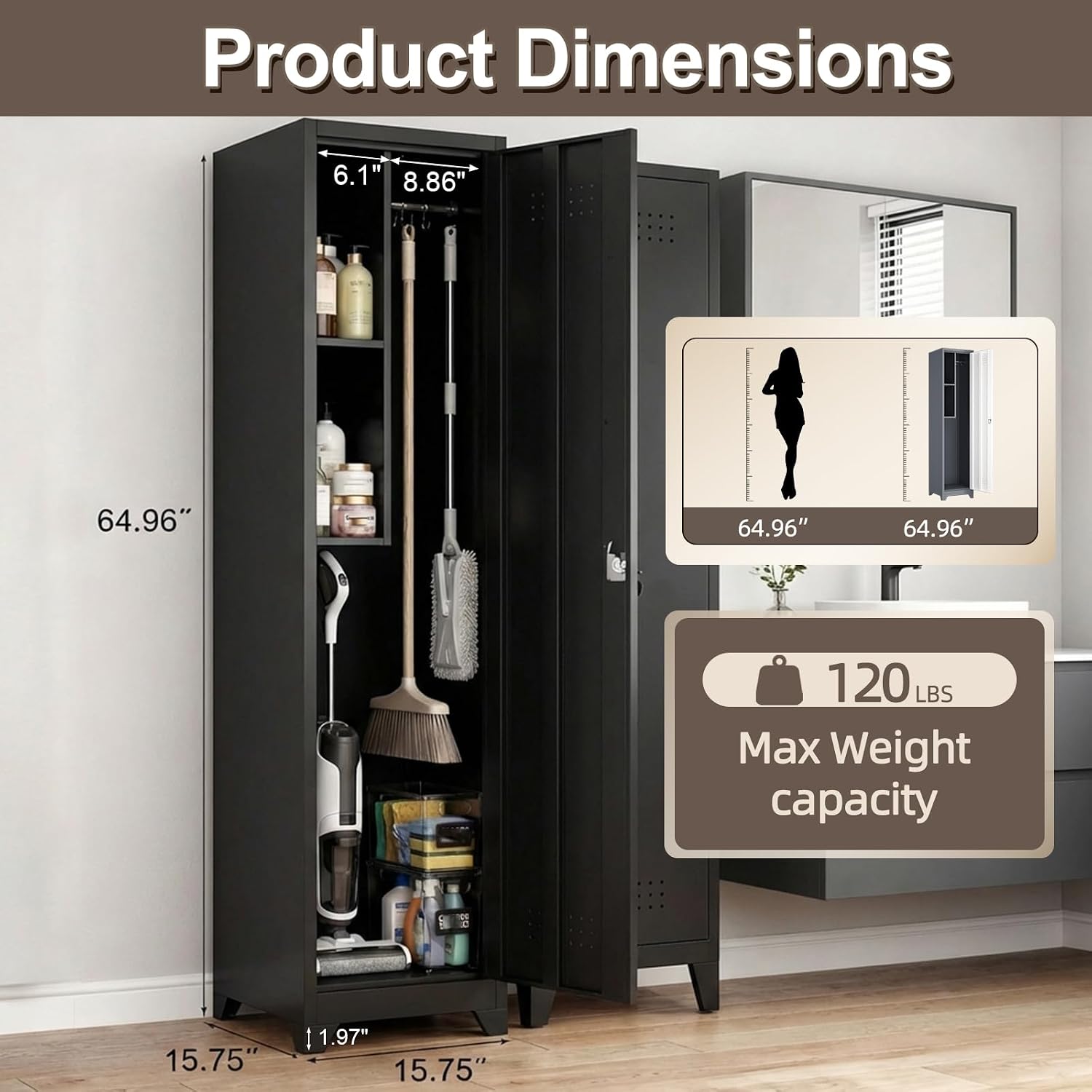 Slim Broom Closet Storage Cabinet, Black Metal Cabinets with Lock and & S-Hooks, Cleaning Supply Cabinet, Utility Closet Cabinets for Garage, Office, Gym