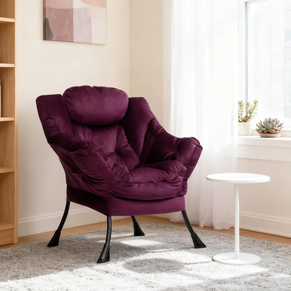 HollyHOME Lazy Chair with Armrest and Side Pocket, Comfy Accent Lounge Chair,Leisure Sofa Armchair for Living Room, Bedroom, Dorm, or Small Spaces, Oversized Reading Sofa Chair,Velvet Deep Purple