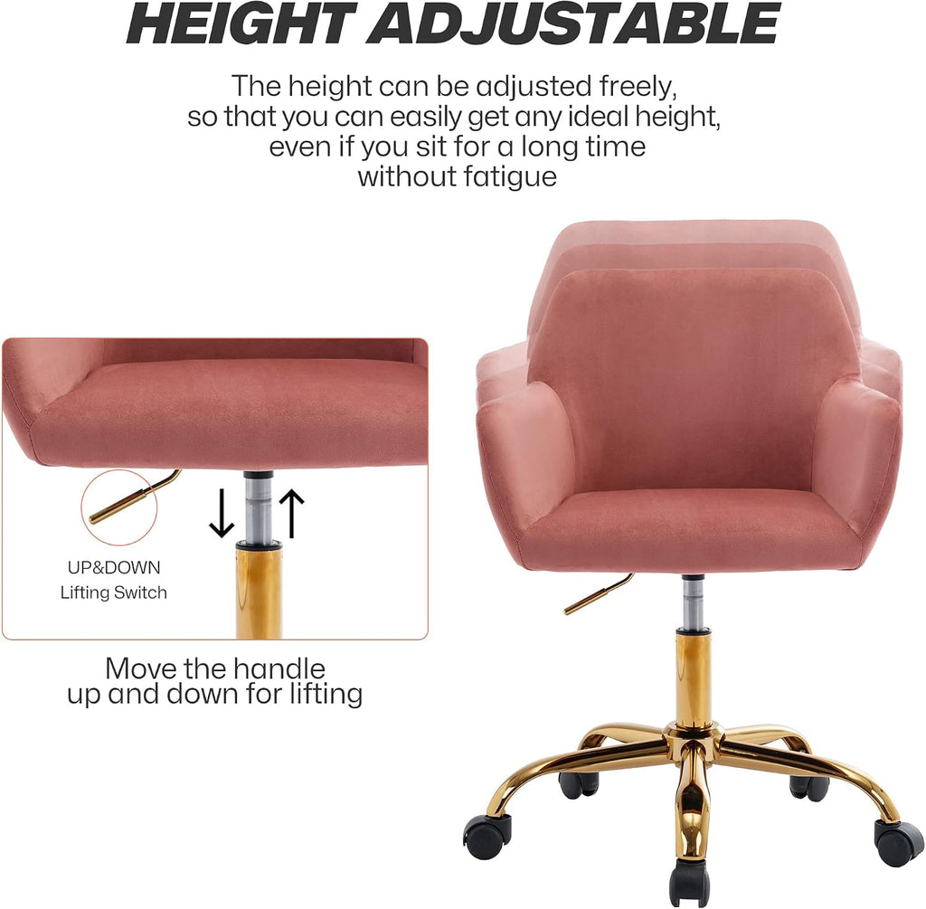 KCC Velvet Office Desk Chair, Comfy Swivel Modern Leisure Armchair with Wheels, Upholstered Comfy Velvet Fabric Makeup Chair Height Adjustable for Teens Women Girls Elegant Home Office, Rose