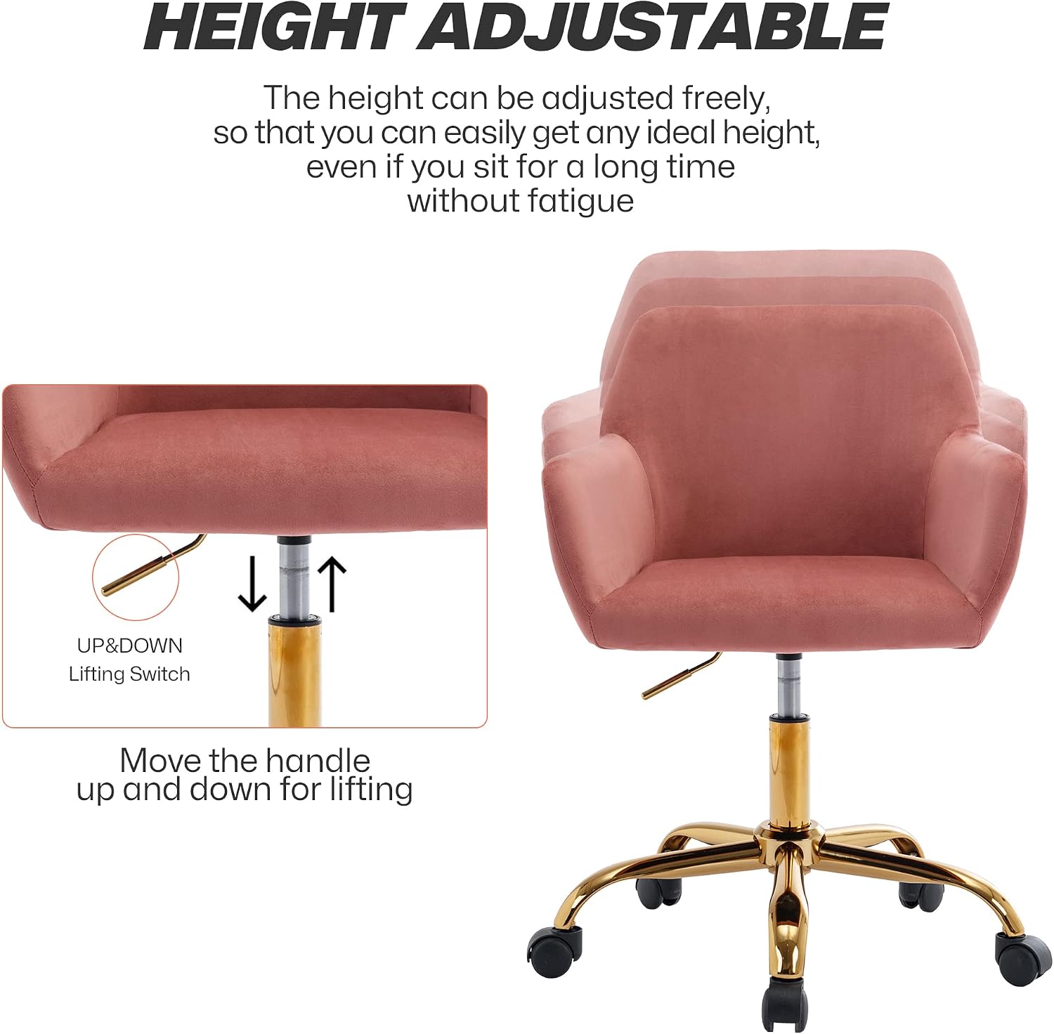 KCC Velvet Office Desk Chair, Comfy Swivel Modern Leisure Armchair with Wheels, Upholstered Comfy Velvet Fabric Makeup Chair Height Adjustable for Teens Women Girls Elegant Home Office, Rose