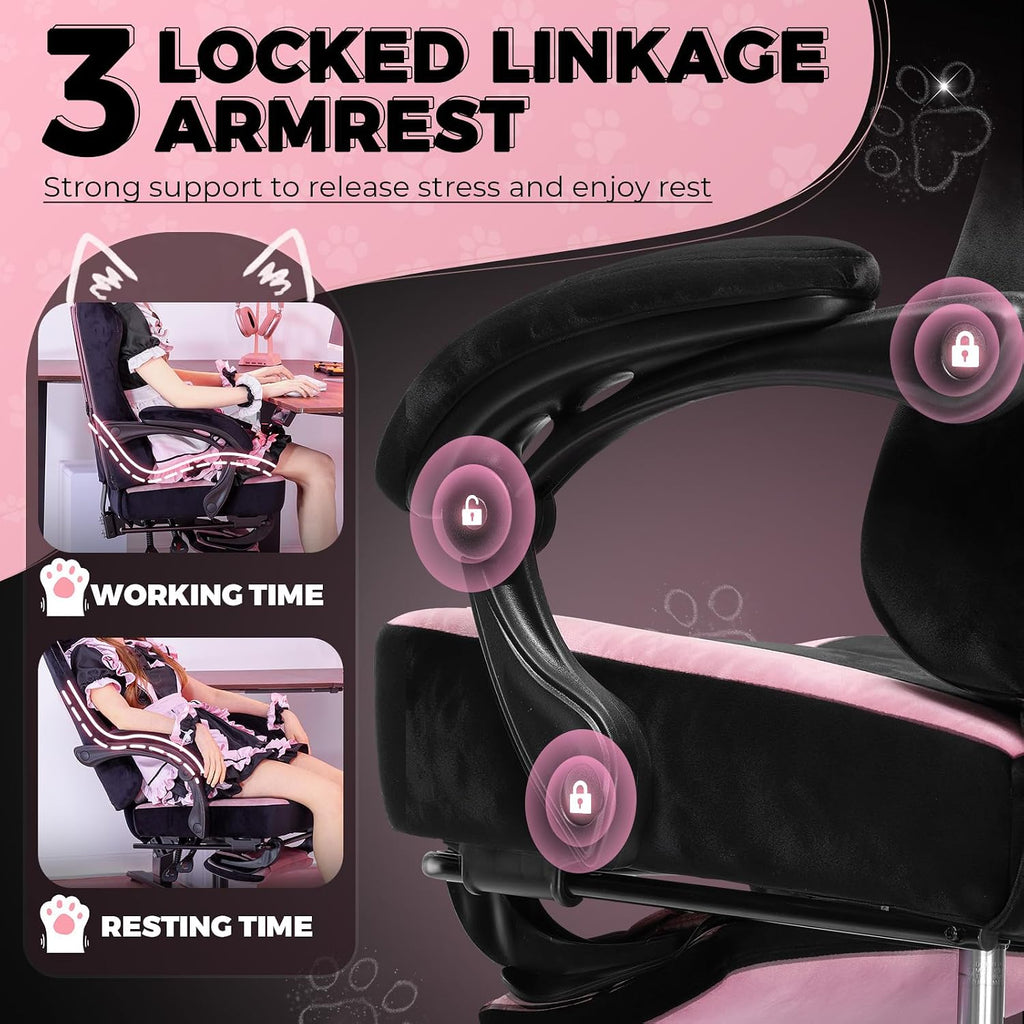 GTPOFFICE Cute Gaming Chair with Cat Ears,Ergonomic Computer Chair with Footrest Cat Paw Lumbar Support Comfortable Reclining Game Chair Desk Chair for Adult Teens, Soft Fabric, Pink Black