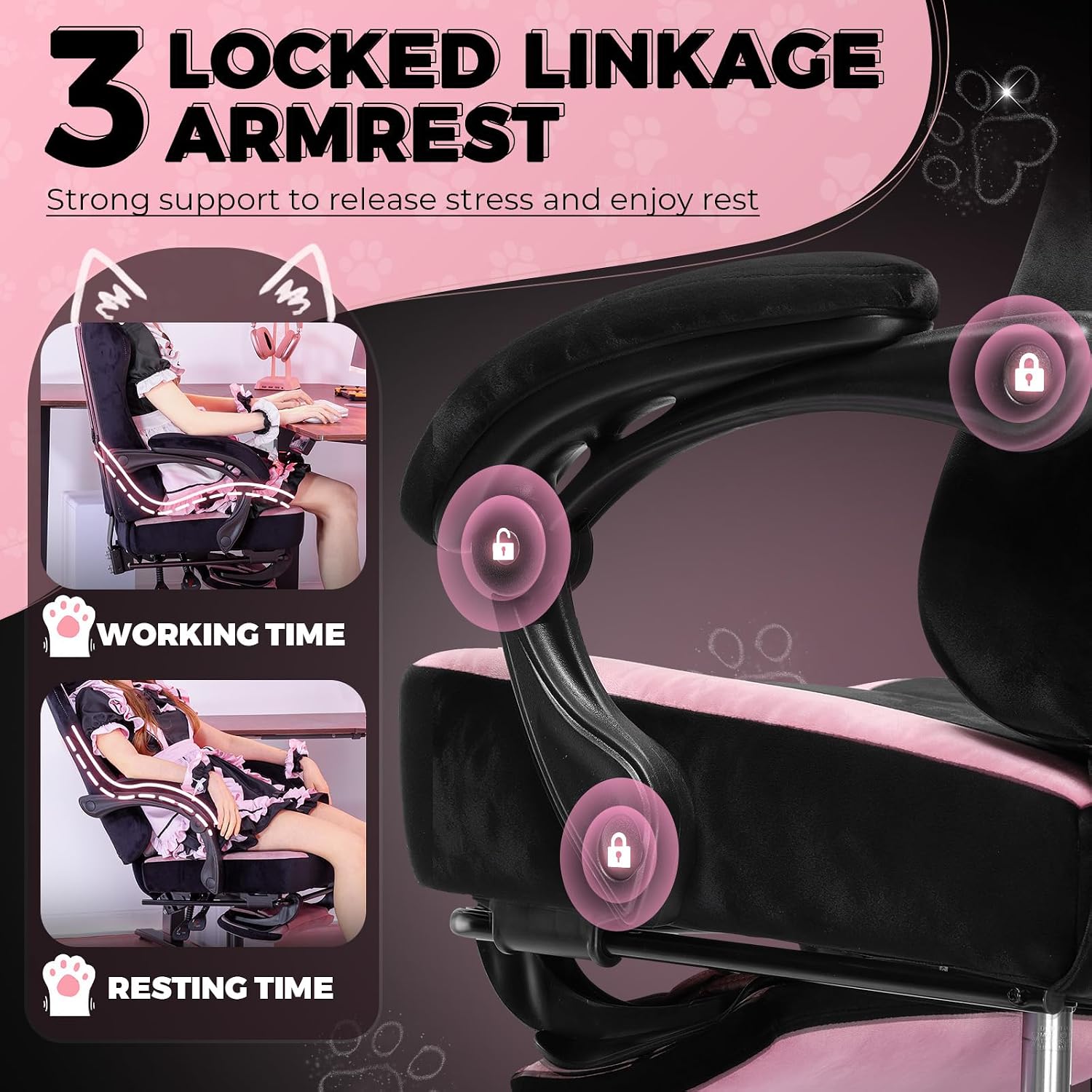 GTPOFFICE Cute Gaming Chair with Cat Ears,Ergonomic Computer Chair with Footrest Cat Paw Lumbar Support Comfortable Reclining Game Chair Desk Chair for Adult Teens, Soft Fabric, Pink Black