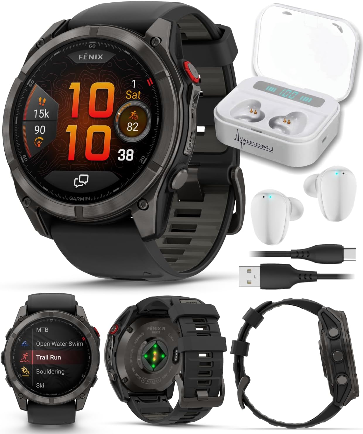 Garmin Fenix 8 Pro 51mm AMOLED Sapphire Premium Connected Multisport GPS Smartwatch, inReach Technology, Carbon Gray DLC Titanium w/Black Silicone Band with White Earbuds Bundle