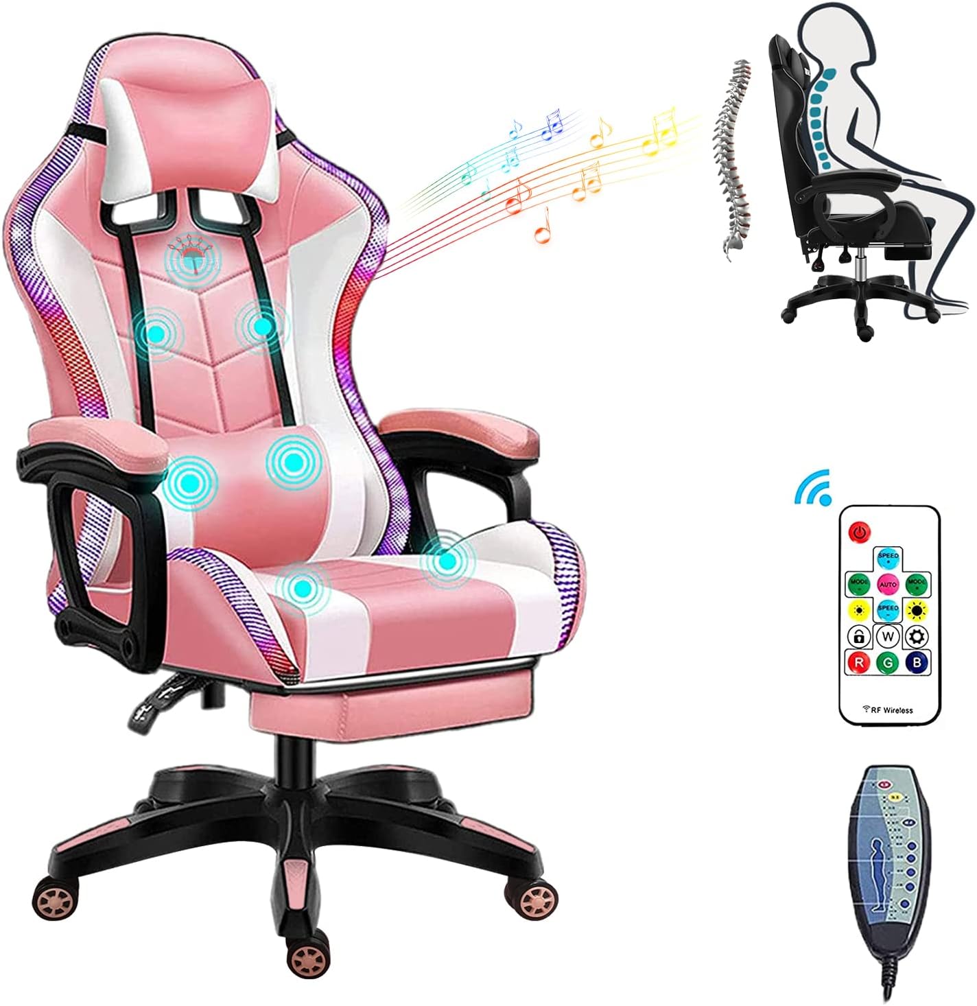XOOFMASS RGB Gaming Chair with Massage and Footrest Large Ergonomic Computer Desk Chair Video Gaming Chair with Speakers and LED Light Effect, 90°-135° Adjustable Reclining Gamer Chair,Pink