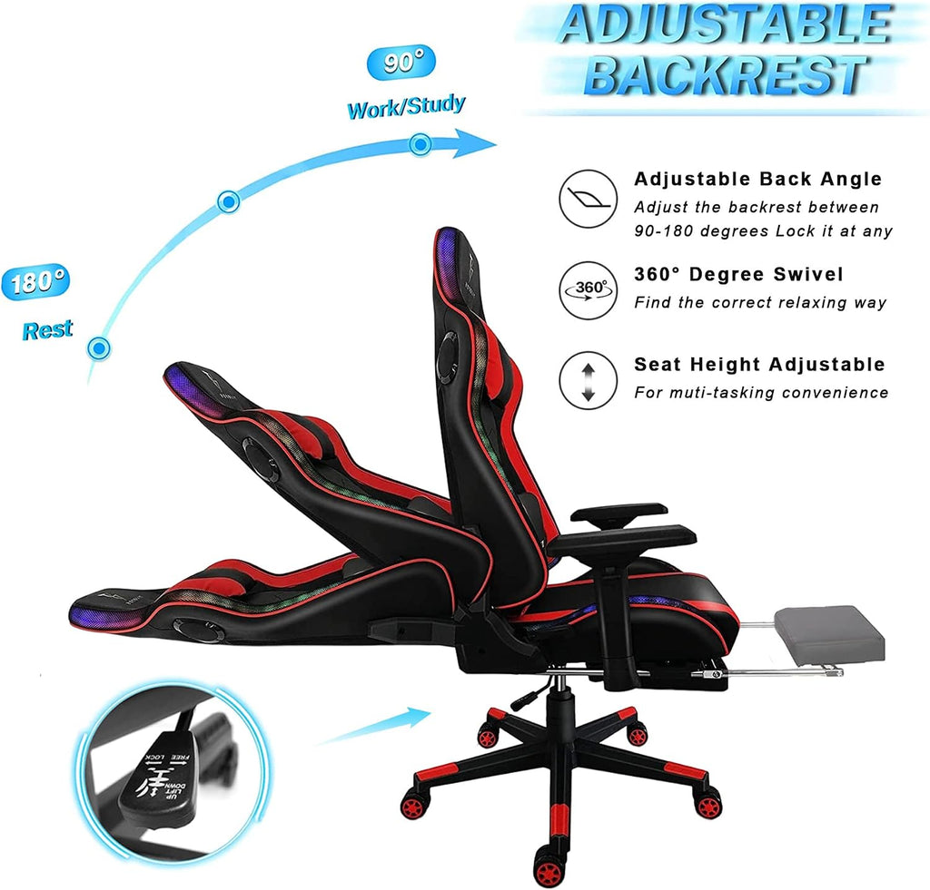 High Back Big and Tall Office Desk Chairs with 7-Point Massage, Ergonomic Gaming Chair with Speakers and RGB Lights, PU Leather Computer Chair Recliner Chair Music Video Game Chair,Black