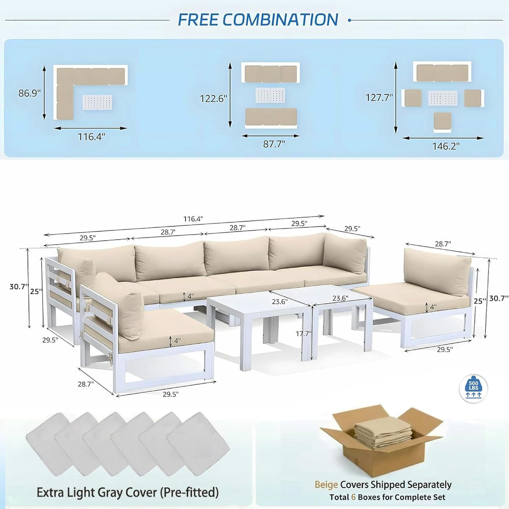 NICESOUL 8 Piece Modern Aluminum Patio Furniture Set, 500lbs Heavy Duty Durable Outdoor Sectional Sofa, 29' Deep Wide Oversized Seating, L Shaped Comfortable Conversation Couch for Garden Deck, Beige