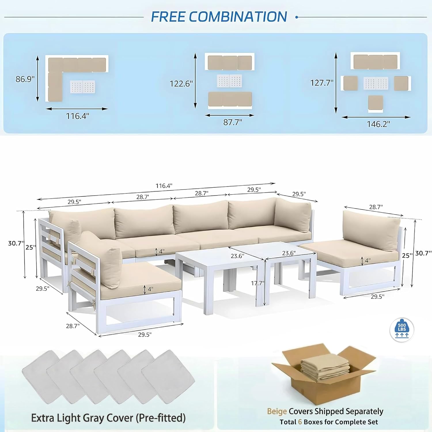 NICESOUL 8 Piece Modern Aluminum Patio Furniture Set, 500lbs Heavy Duty Durable Outdoor Sectional Sofa, 29' Deep Wide Oversized Seating, L Shaped Comfortable Conversation Couch for Garden Deck, Beige