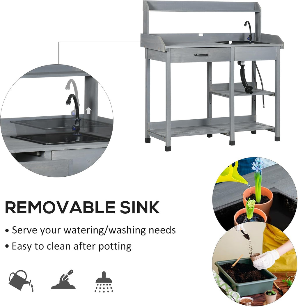 Outsunny Potting Bench Table, Outdoor Garden Table Wooden Work Station with Removable Sink, Faucet, Drawer, Shelves, Hooks, Gray