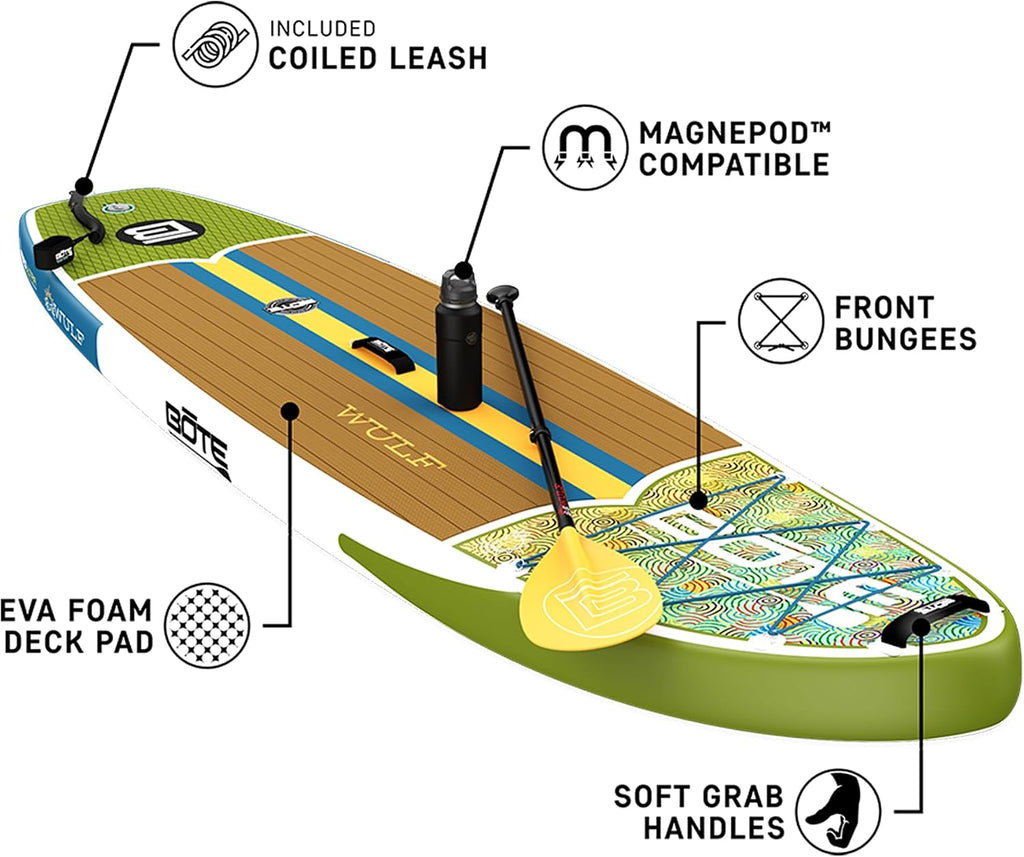 BOTE Wulf Aero Inflatable Stand Up Paddle Board Kit Includes Accessories Adjustable Paddle iSUP Travel Bag Blow Up Pump Safety SUP Coiled Leash Multiple Sizes