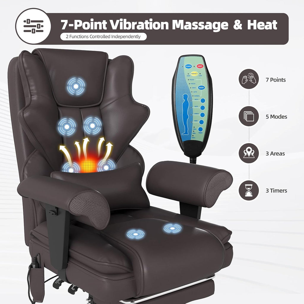 7-Point Massage Office Chair,Heated Manageral Chair,Ergonomic Executive Chair with Footrest,Adjustable Armrest，Computer Chair for Offices, Study Areas,Gaming Spaces,Brown