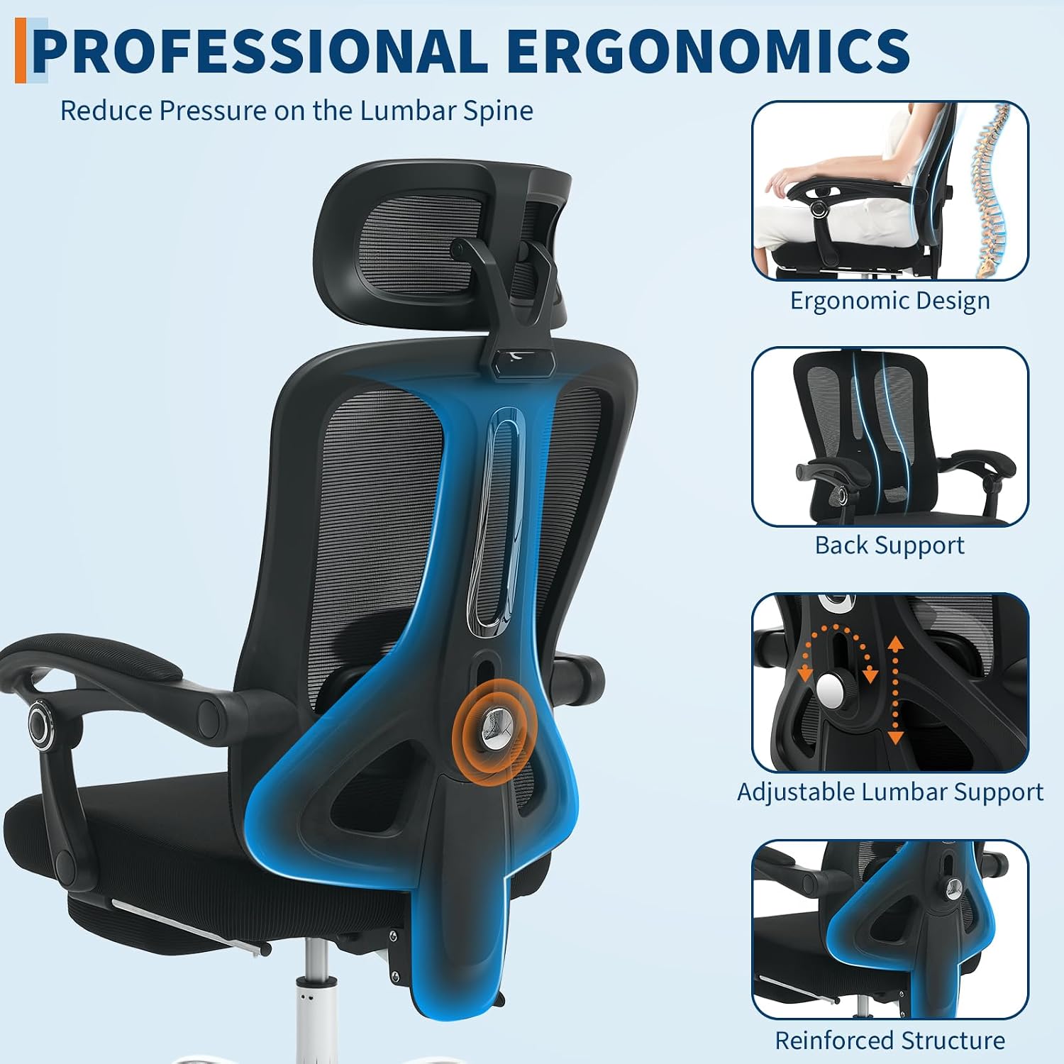 Mesh Ergonomic Office Chair with Footrest, Home Office Computer Desk Chair with Adjustable Headrest and Backrest, Comfortable Lumbar Support, Executive Desk Chair with Wheels 360 Swivel, Black