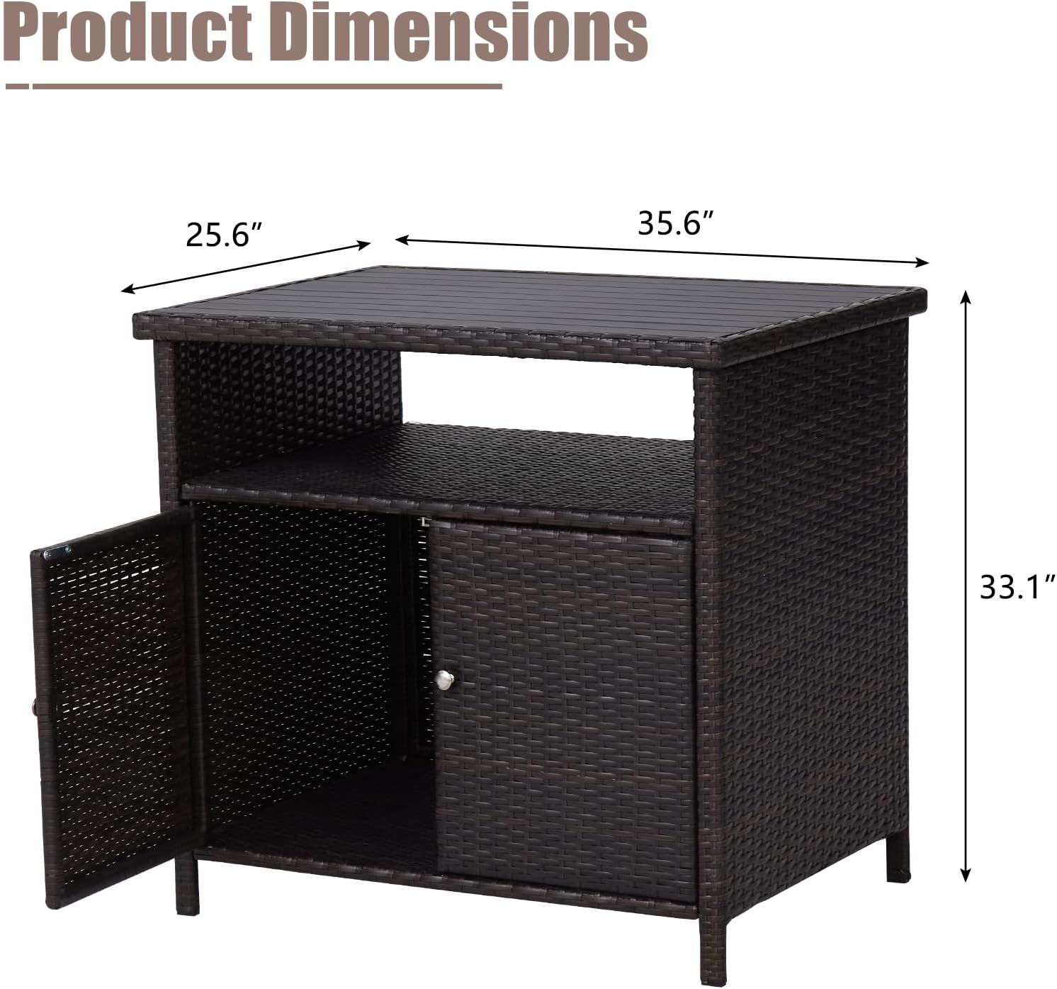 KINTNESS Patio Bar Table with Two Doors and Shelves, Outdoor Wicker Storage Cabinet, Console Table Dining Table with Aluminum Tabletop for Patio Island Home Party Bar (Brown)
