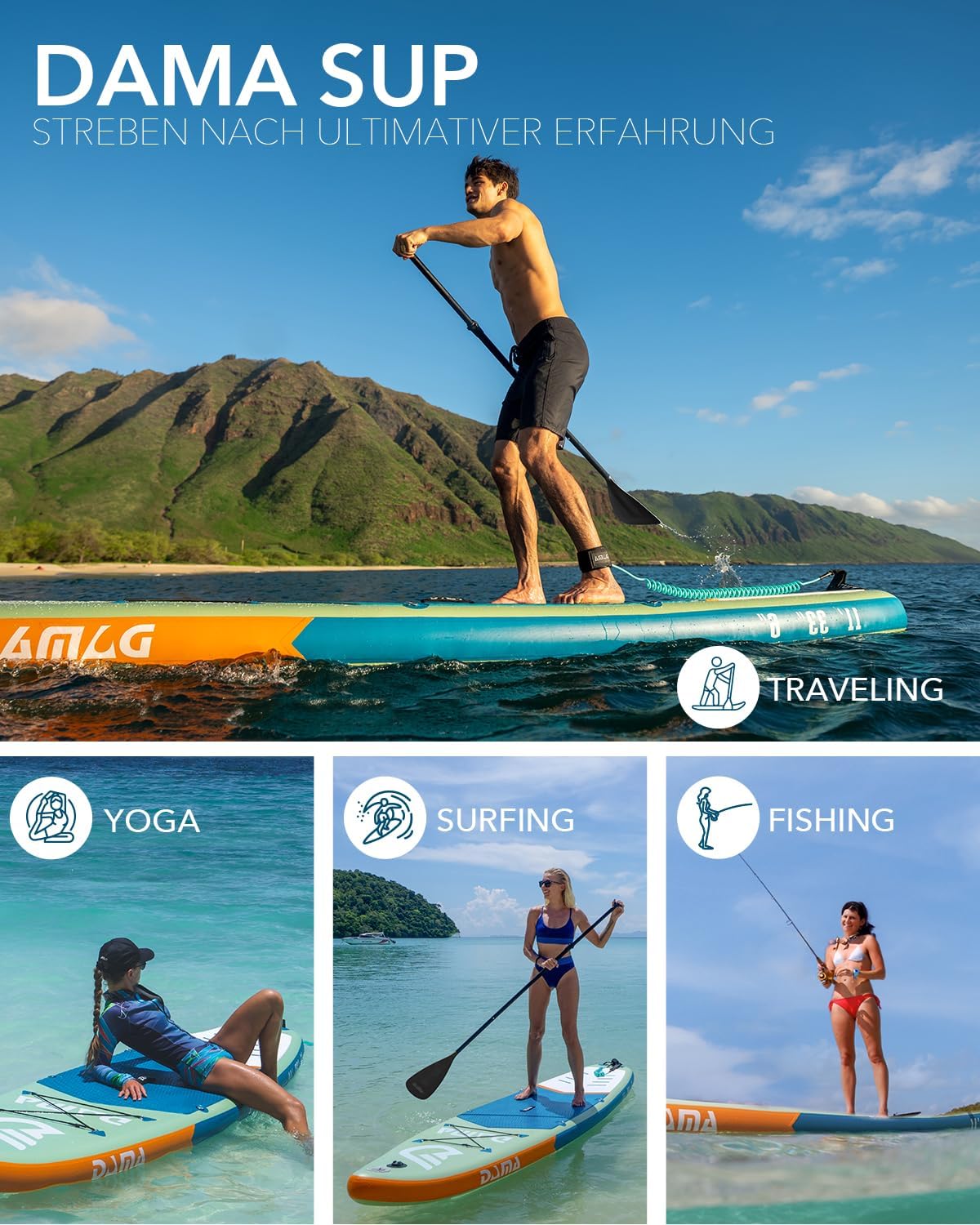 DAMA Inflatable Stand Up Paddle Boards for Adults w/Sup Board Accessories Hand Pump 4pcs Kayak Floating Paddle | Wide Stance, Bottom Fin Paddling Surf Control