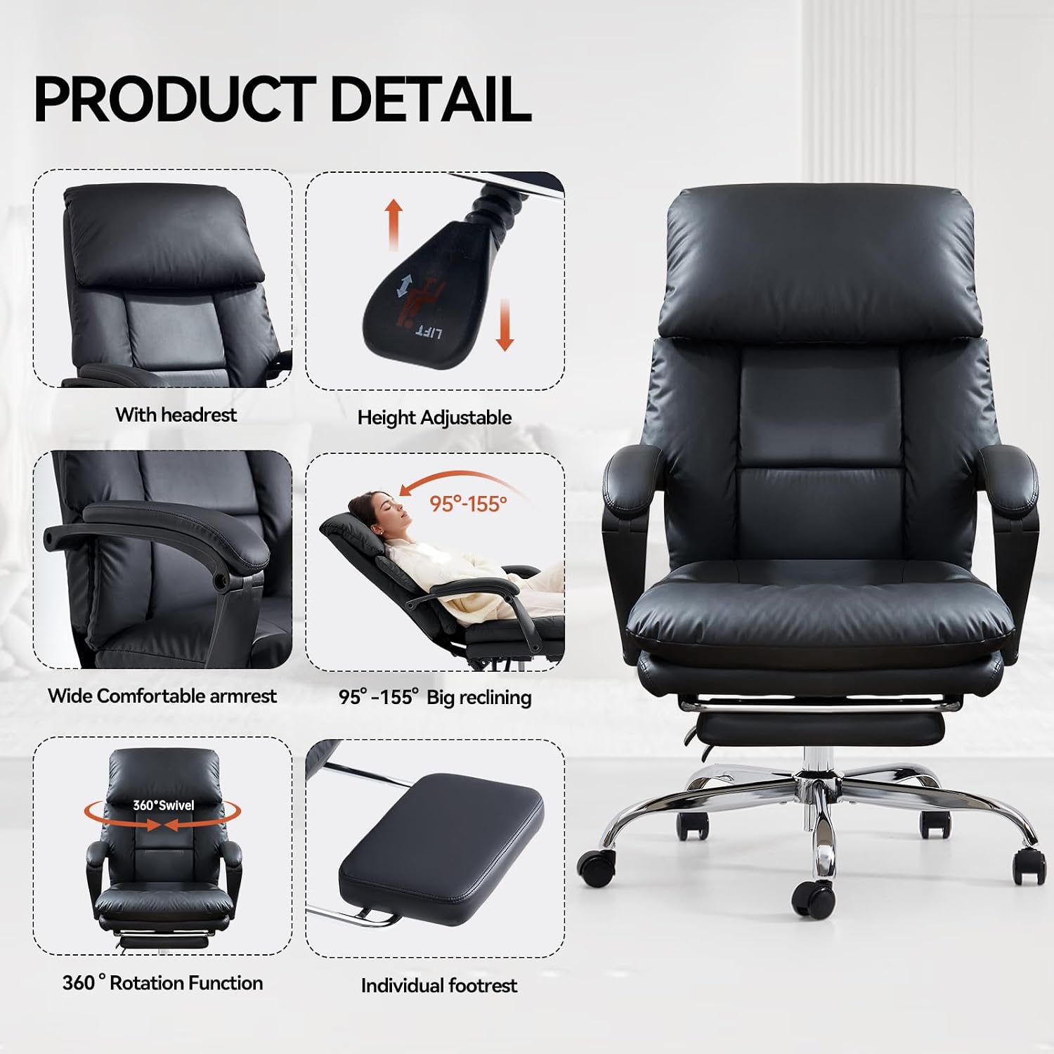 EMIAH Heated and Massage Office Chair with Foot Rest, Executive Office Chair Reclining High Back PU Leather Comfy Swivel Computer Desk Chairs with Wheels and Lumbar Support for Home Office，Black