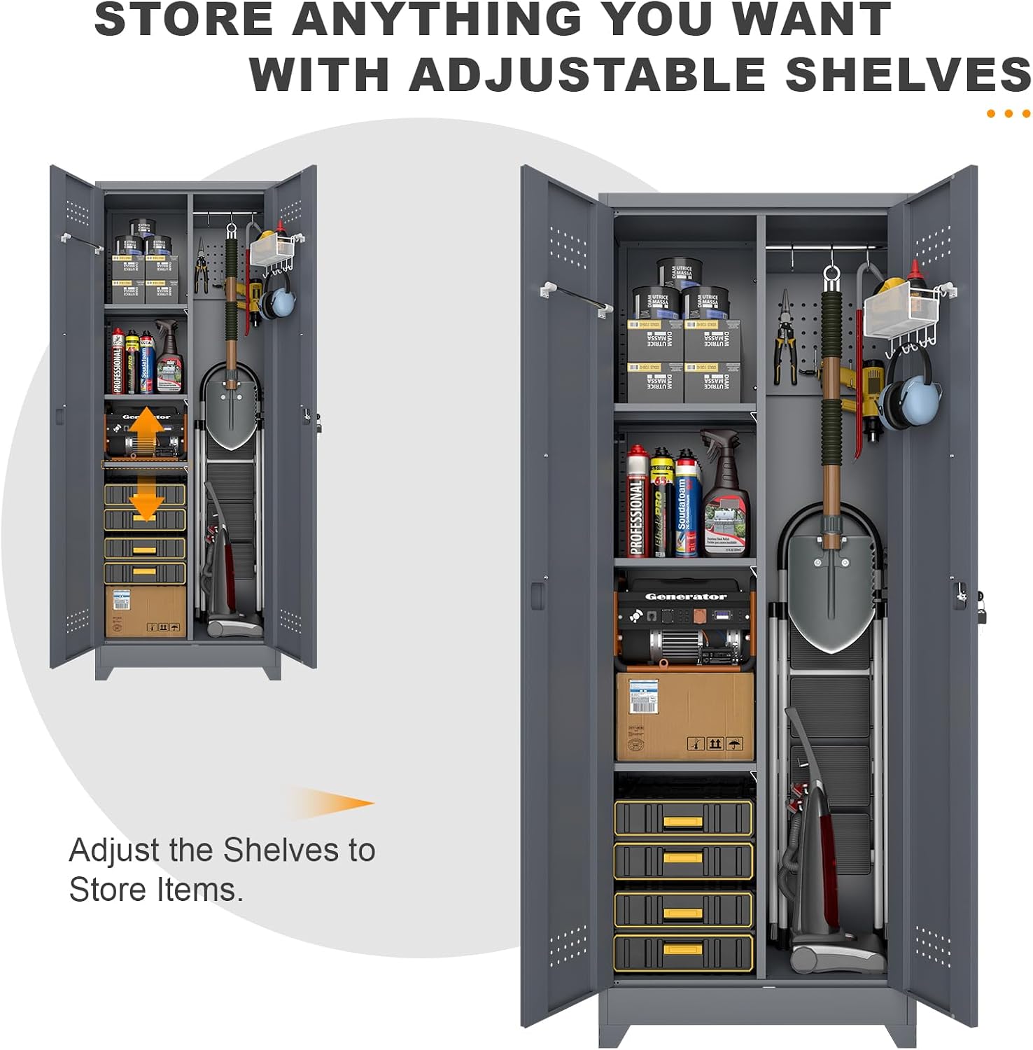 Broom Closet Storage Cabinet, Steel Locking Cabinet with Hanging Rod, 65' Cleaning Storage with Doors and Hooks, Tall Broom Tool Cabinets for Office, Garage
