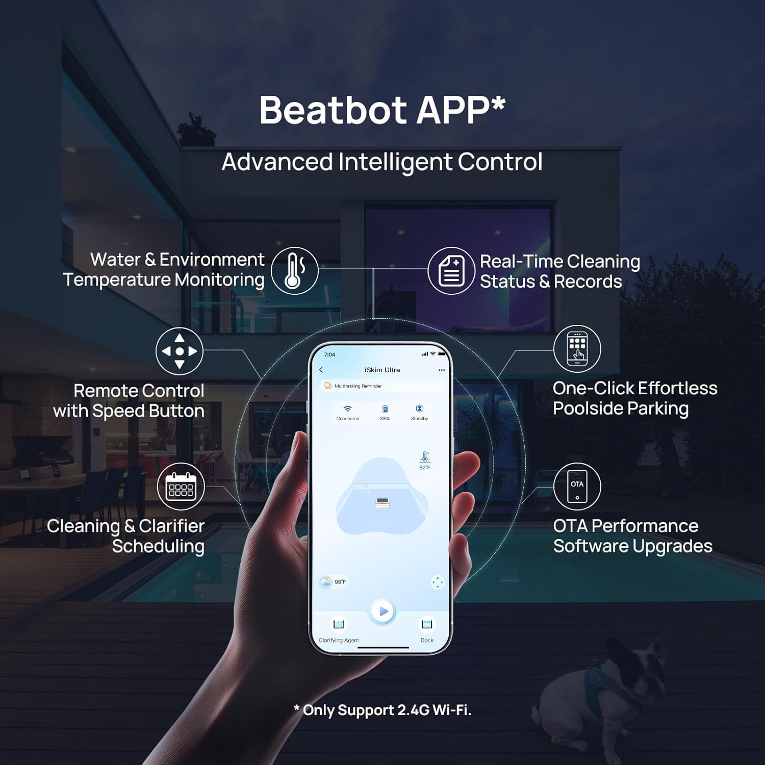 (2025 Upgrade) Beatbot iSkim Ultra 24/7 Cleaning Solar Powered Pool Skimmer with Water Clarification System & APP Control, Voice Broadcast, Dual Charging Options, Edge & Corner Cleaning, Blue