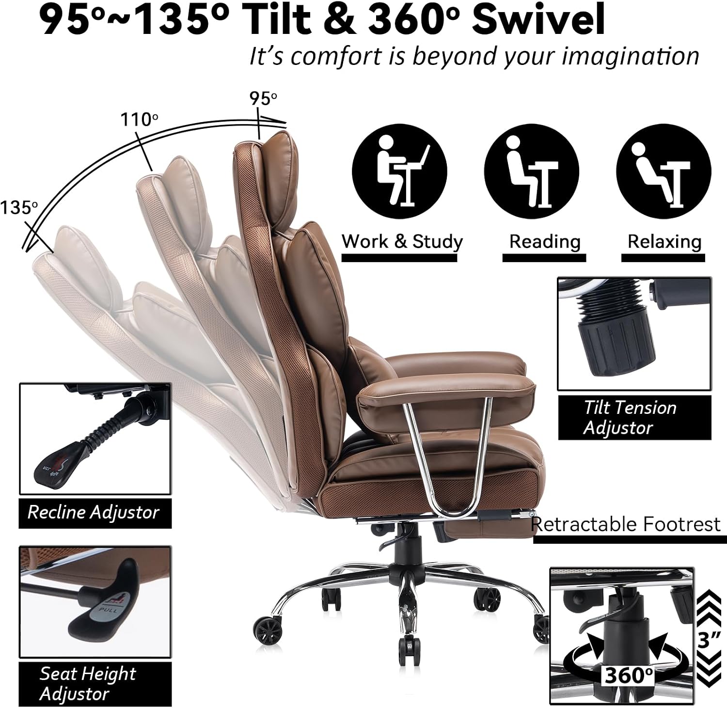 Efomao Big and Tall Office Chair 400lbs – High Back Executive Chair with Swivel Base, PU Leather Upholstery, Lumbar Pillow, Padded Armrests, and Rolling Wheels，Brown Computer Chair