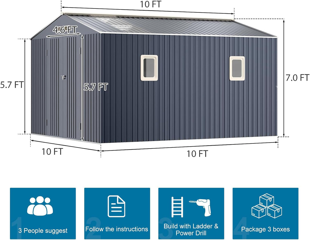Restland 10x10 FT Outdoor Storage Shed Reinforced Frame Metal Shed with Clear Roof, Air Vent & Lockable Door Large Garden Tool Storage Sheds for Backyard, Garden, Lawn